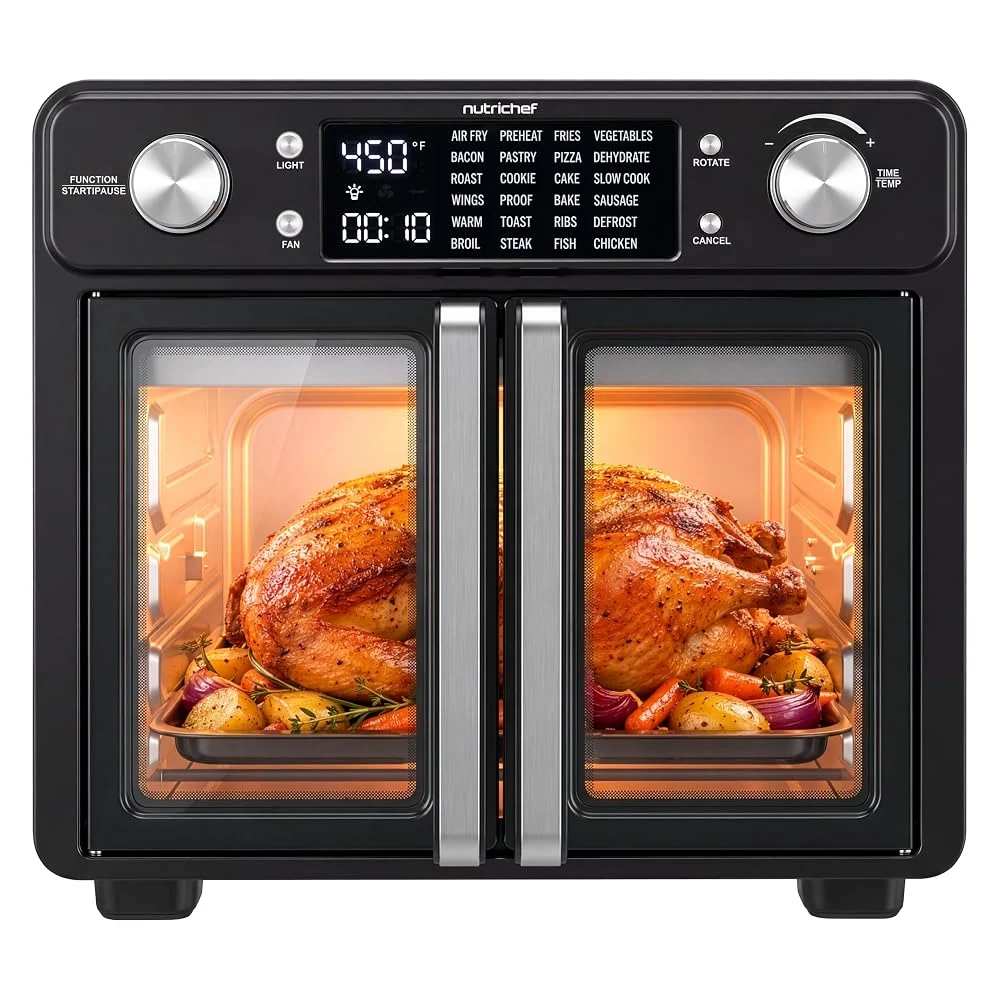 NutriChef 26 Quart Air Fryer Oven | French Door Toaster Oven for Families | Includes 24 Preset Cook Modes, Rotisserie Function, Adjustable Temperature to 450F & 24 Hour Timer | Black