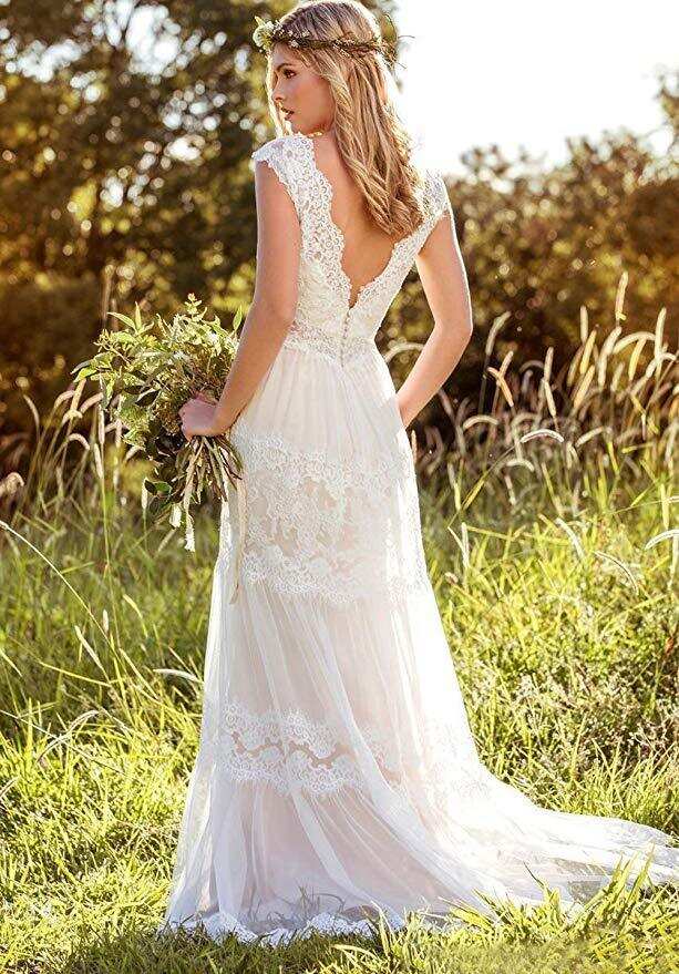 Bohemian A Line V Neck Lace Bridal Gown Simple Beach Wedding Dresses DMK37