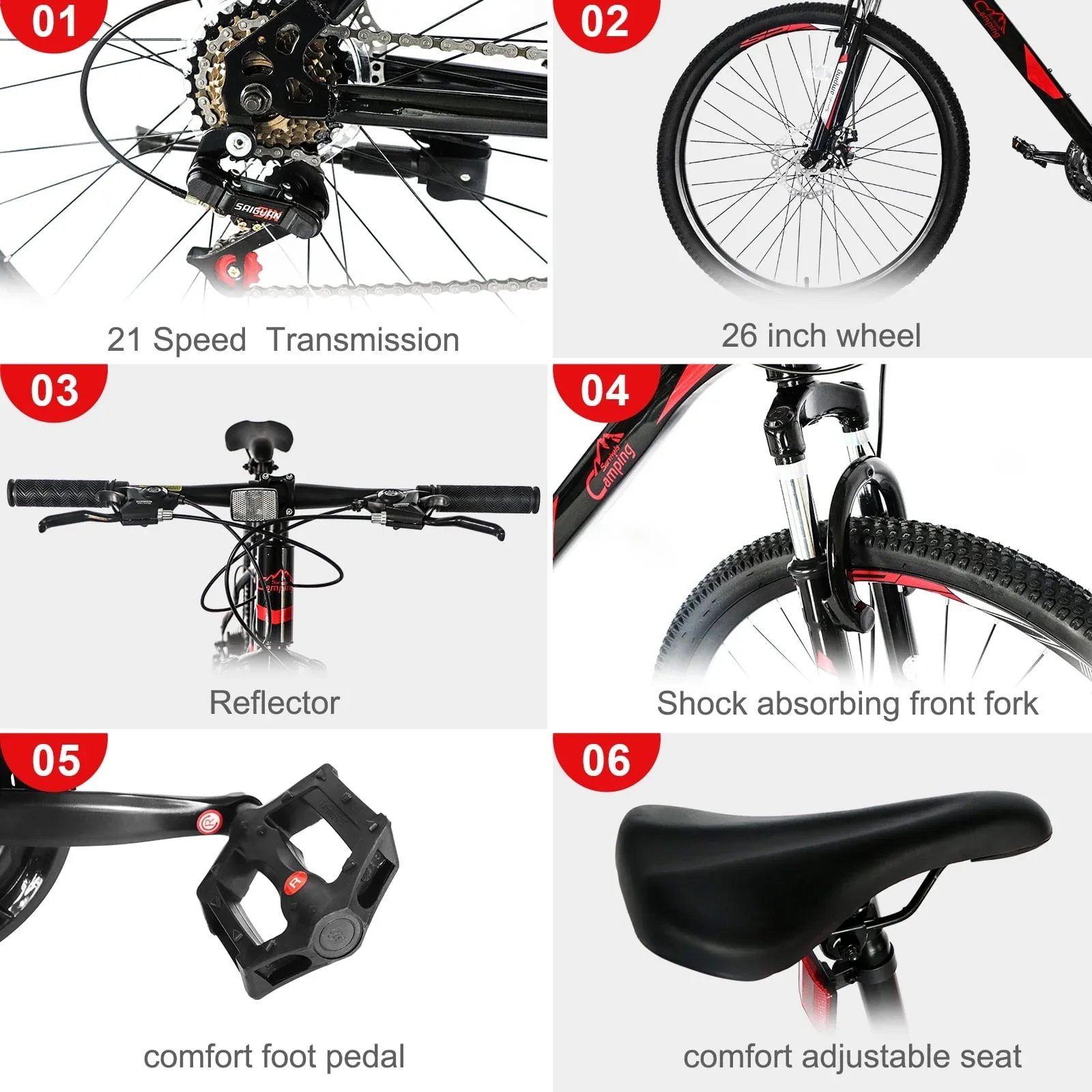 Campingsurvivals 21 Speed Mountain Bikes, with 26 inch Wheels and Dual Disc Brakes, Red/Black