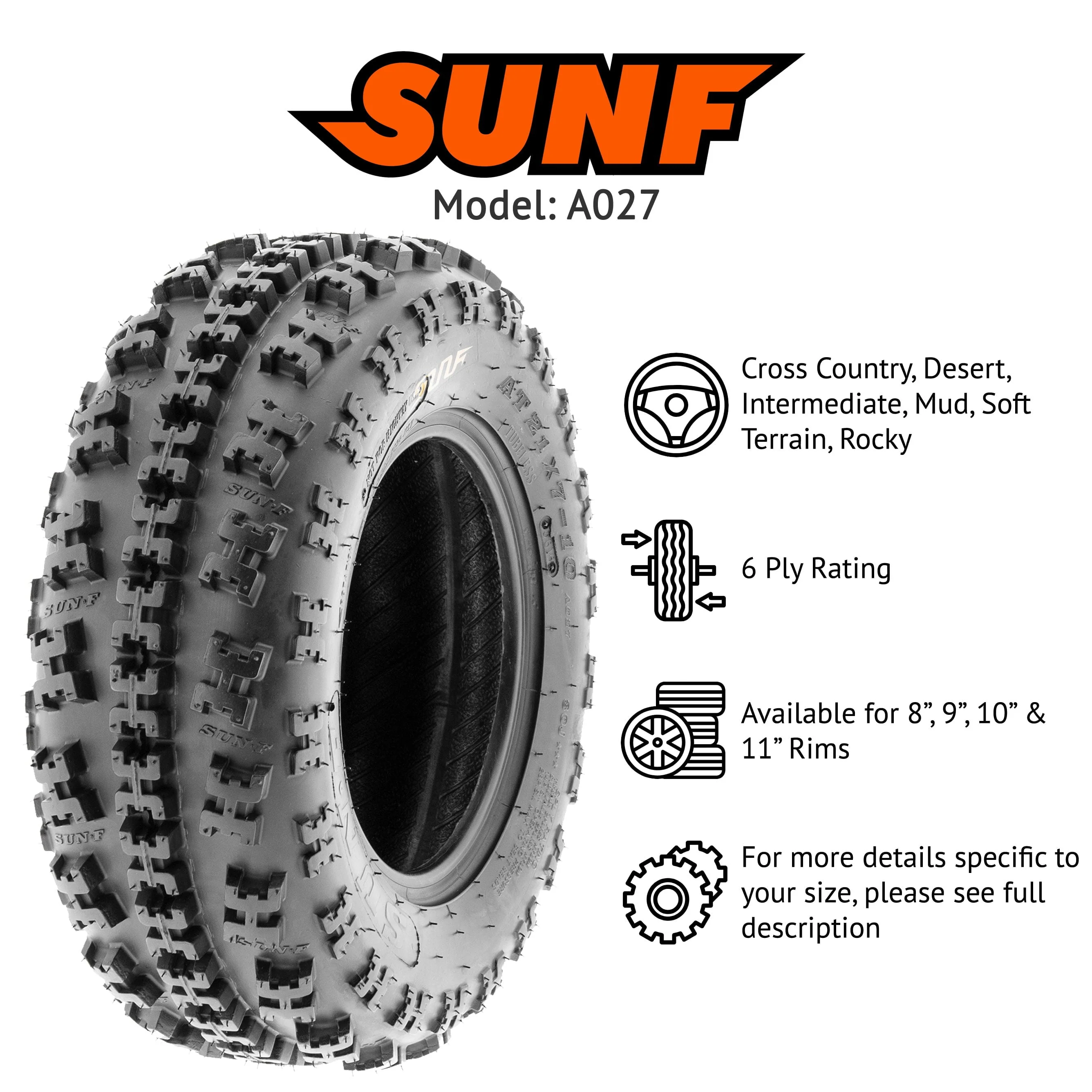 Sunf All-Terrain ATV UTV Tires 22x7 - 10 & 20x10 - 9 6 PR A027 (Complete Full Set of 4)