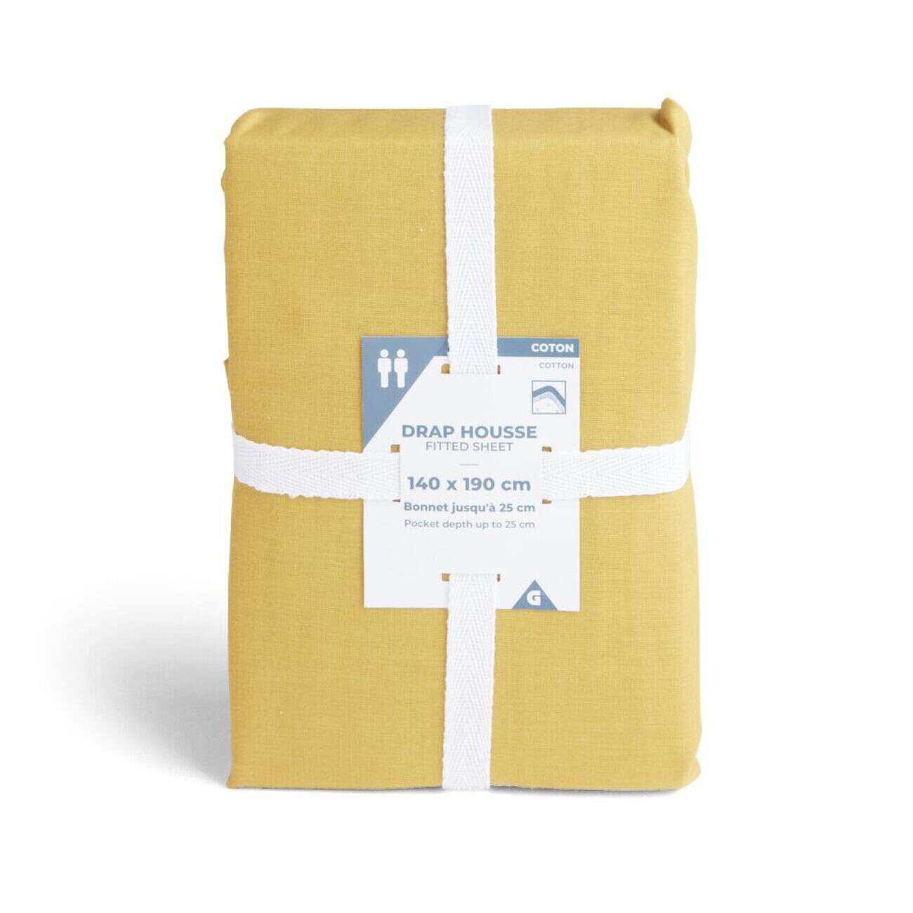 Drap housse 140x190cm 100% coton jaune moutarde