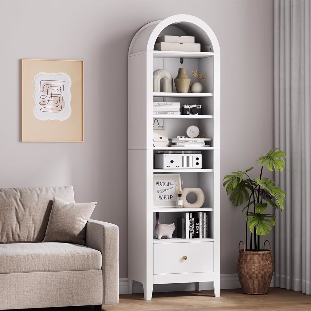 Arched Cabinet, 71" Tall Kitchen Pantry Cabinet, 8 Tiers Arched storage Cabinet with Doors and Shelves, Bookcase for Entryway, Hallway, Living Room, White(White)