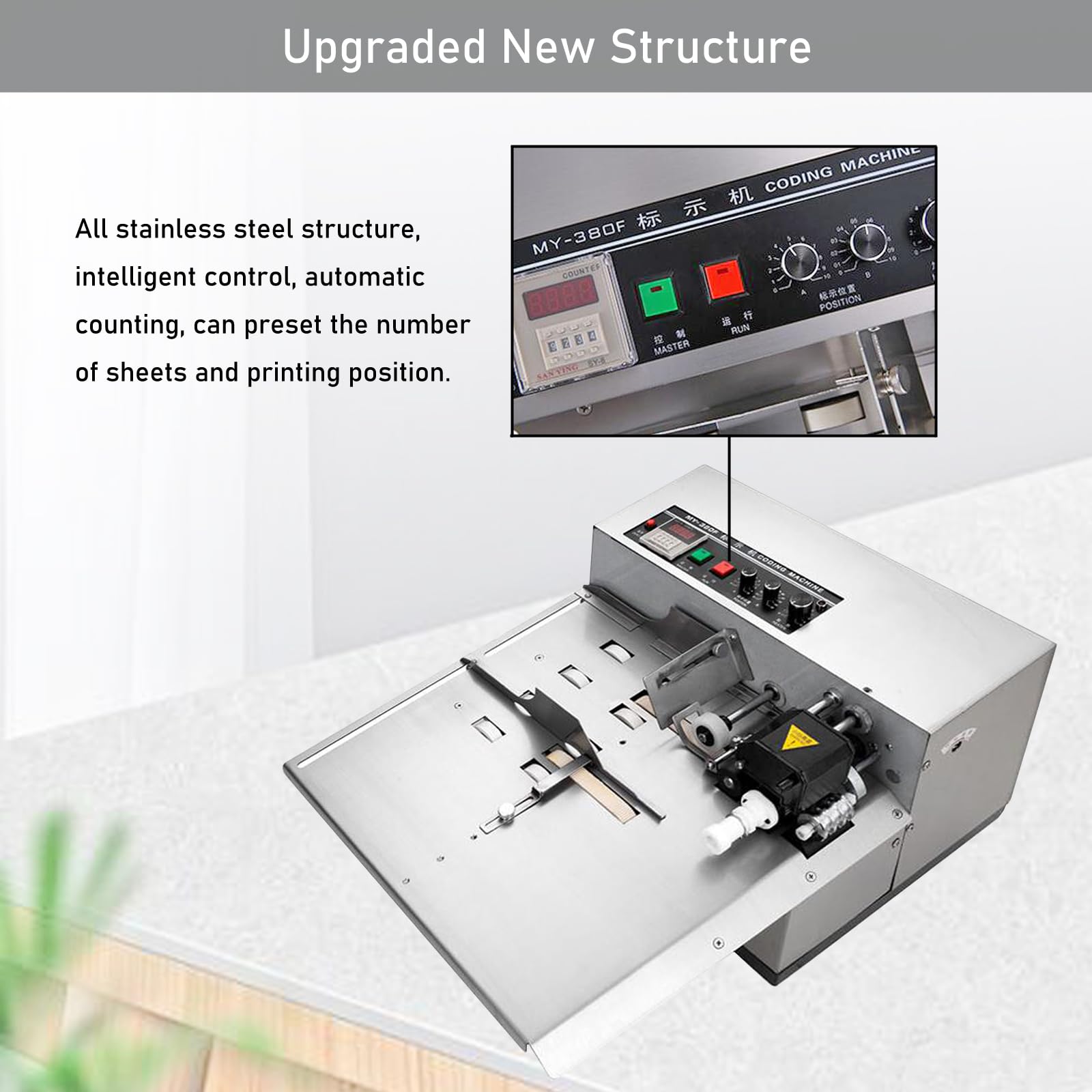 MY-380F Solid-Ink Coding Machine Automatic Coding Machine Widened Ink Wheel Coding Machine Label Coding Date Paper Printer Printing,Silver Stainless Steel Widened 110V