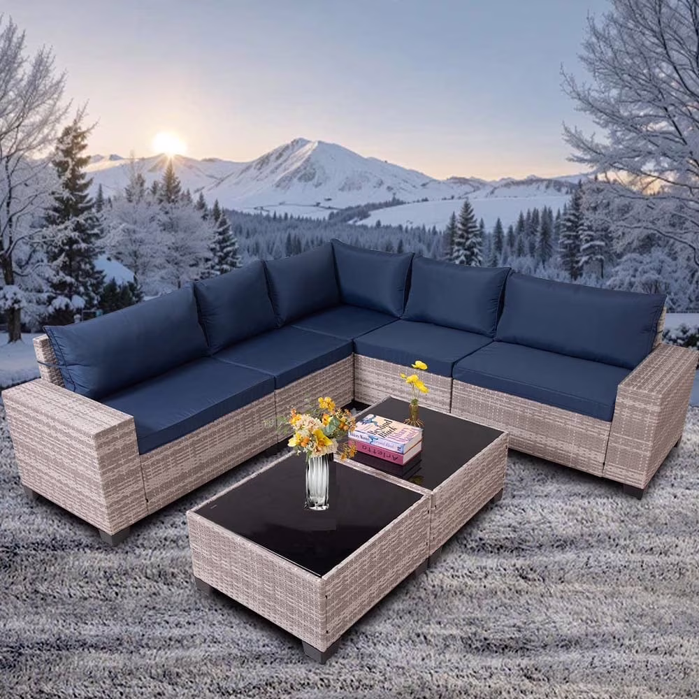 HISUKOY 7-Piece Modular Outdoor Sectional Wicker Patio Conversation Set,Outdoor Couch,All Weather Patio Conversation Sets with Washable Cushions and Glass Table, Rattan Wicker Couch for Garden