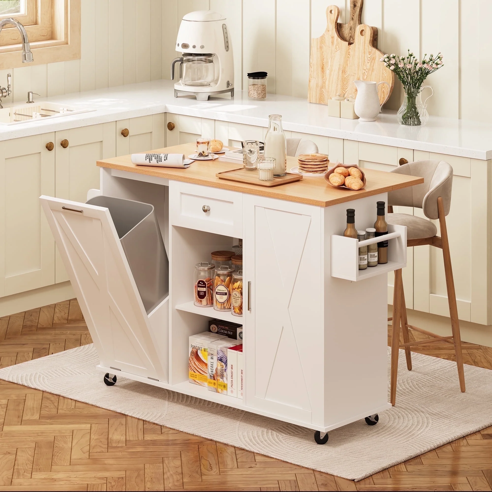 48" Kitchen Island Cart with Drop Leaf, 10 Gallon Storage and Tilt Out Trash Can Cabinet, Portable Kitchen Island with Wheels Drawer and Adjustable Shelves for Kitchen, White(White) - Image 10