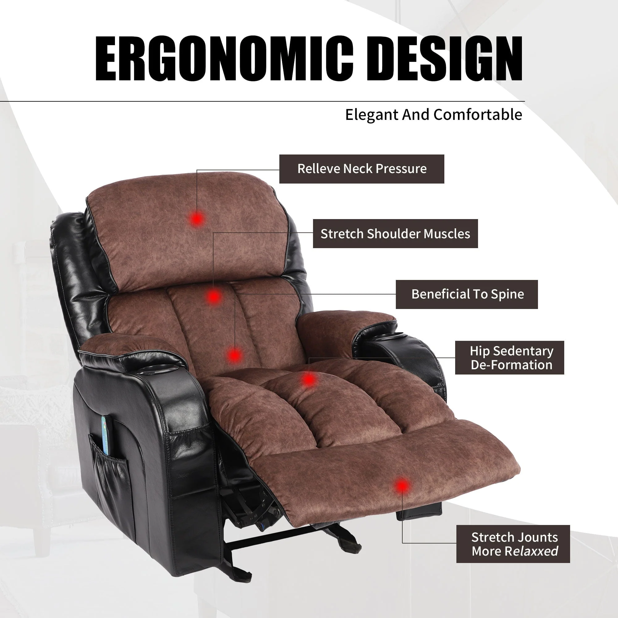 Leather Massage Recliner Chair, Modern Electric Power Rocker with Heated Massage, Ergonomic Lounge Chair, Single Sofa Seat with Drink Holders for Living Room, Black and Brown(Black) Image 9