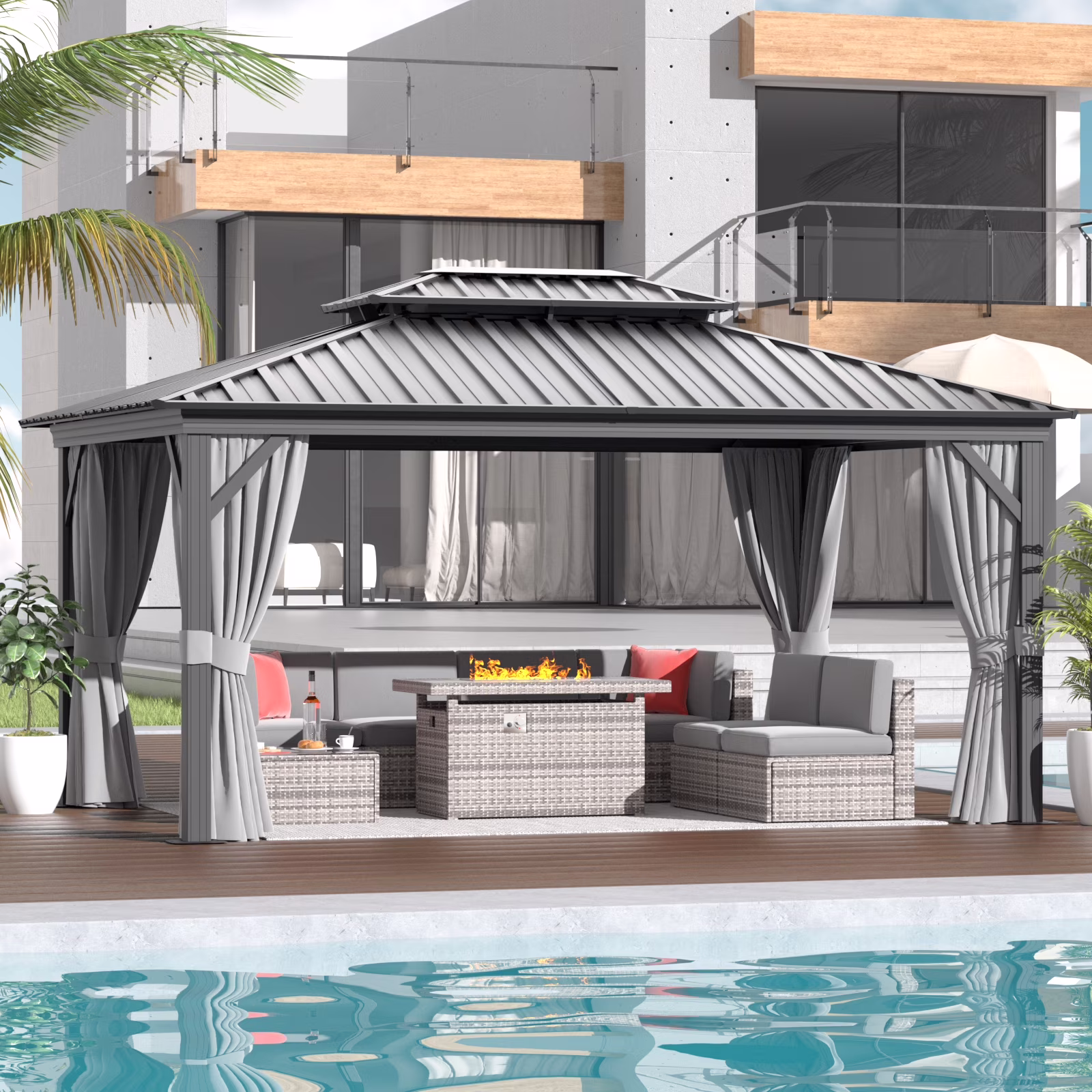 AOXUN 12'x16��Outdoor Hardtop Gazebo, Galvanized  Double Roof Aluminum Pavilion with Netting and Curtains for Garden, Patio, Lawns, Gray