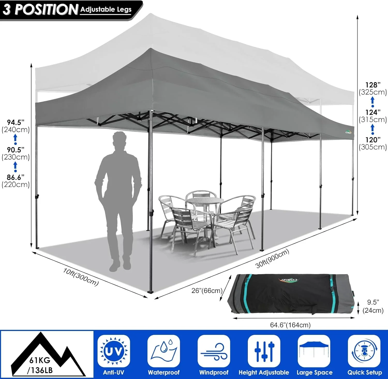 Tente pliante robuste COBIZI 10x20, 6 parois latérales, pour événements commerciaux, mariages et réceptions