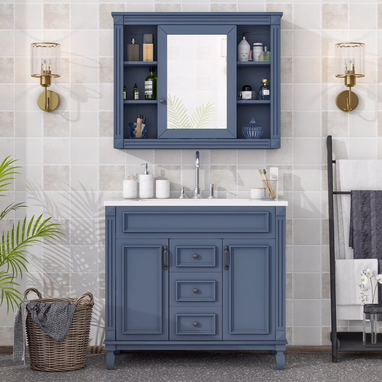 36'' Bathroom Vanity Set, Undermount Bathroom Cabinet and Mirror Cabinet, Ceramic Sink Top, Storage Cabinet with 2 Soft Closing Doors and 2 Drawers, Vanity Cabinet Set, Suit for 4'' Faucet, Gray(Mirror Cabinet+Vanity Table/Grey) - Image 4