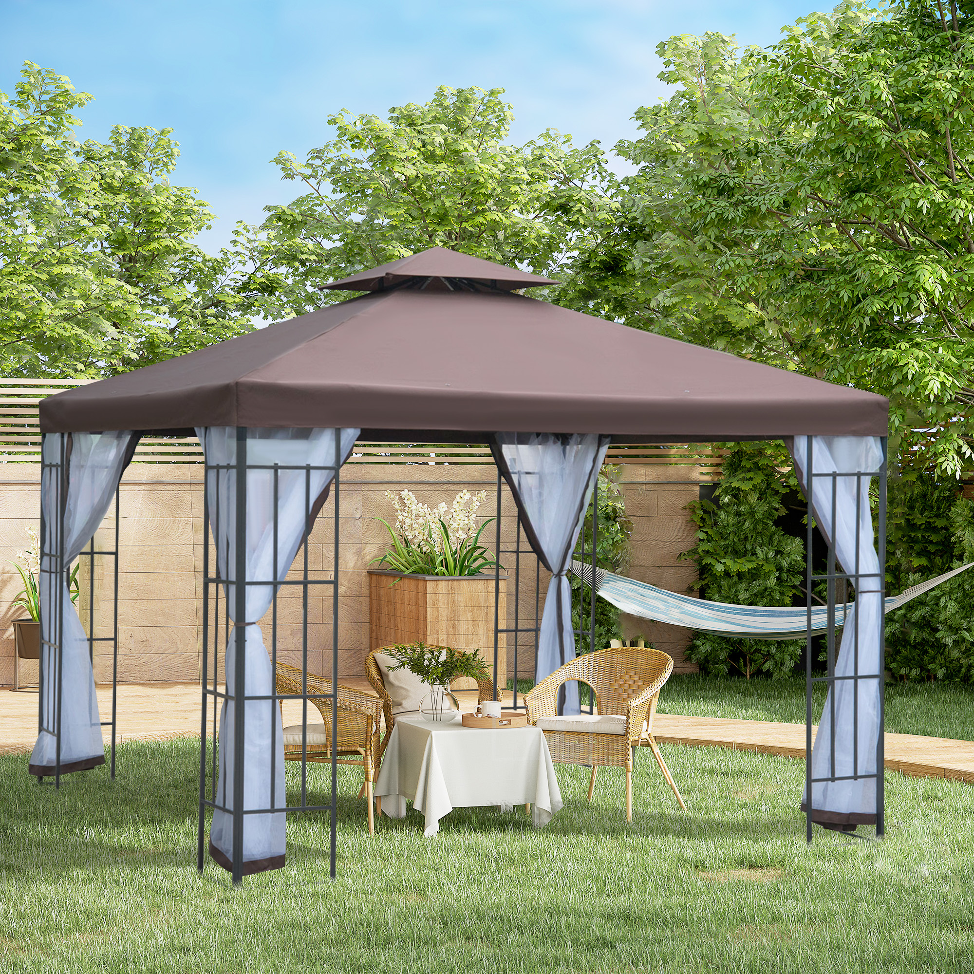 Outsunny Partytent in de tuin partytent paviljoen tuintent feesttent dubbel dak 3 x 3 m bruin