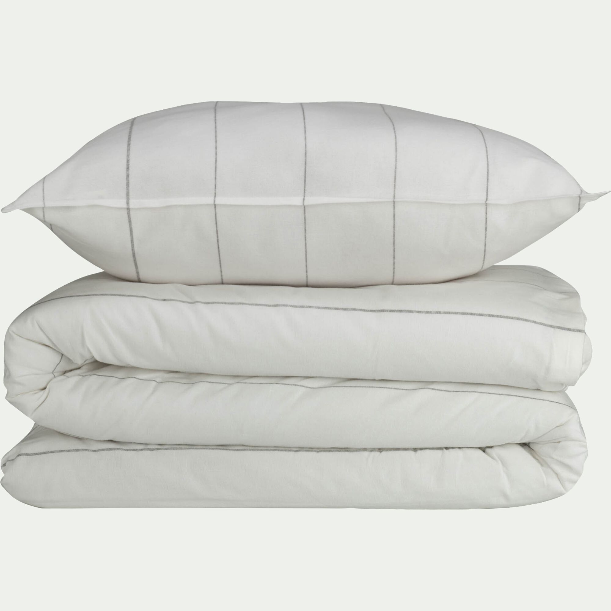 SALOMEE - Housse de couette 240x260cm et 2 taies d'oreiller 65x65cm en flanelle de coton à rayures - blanc