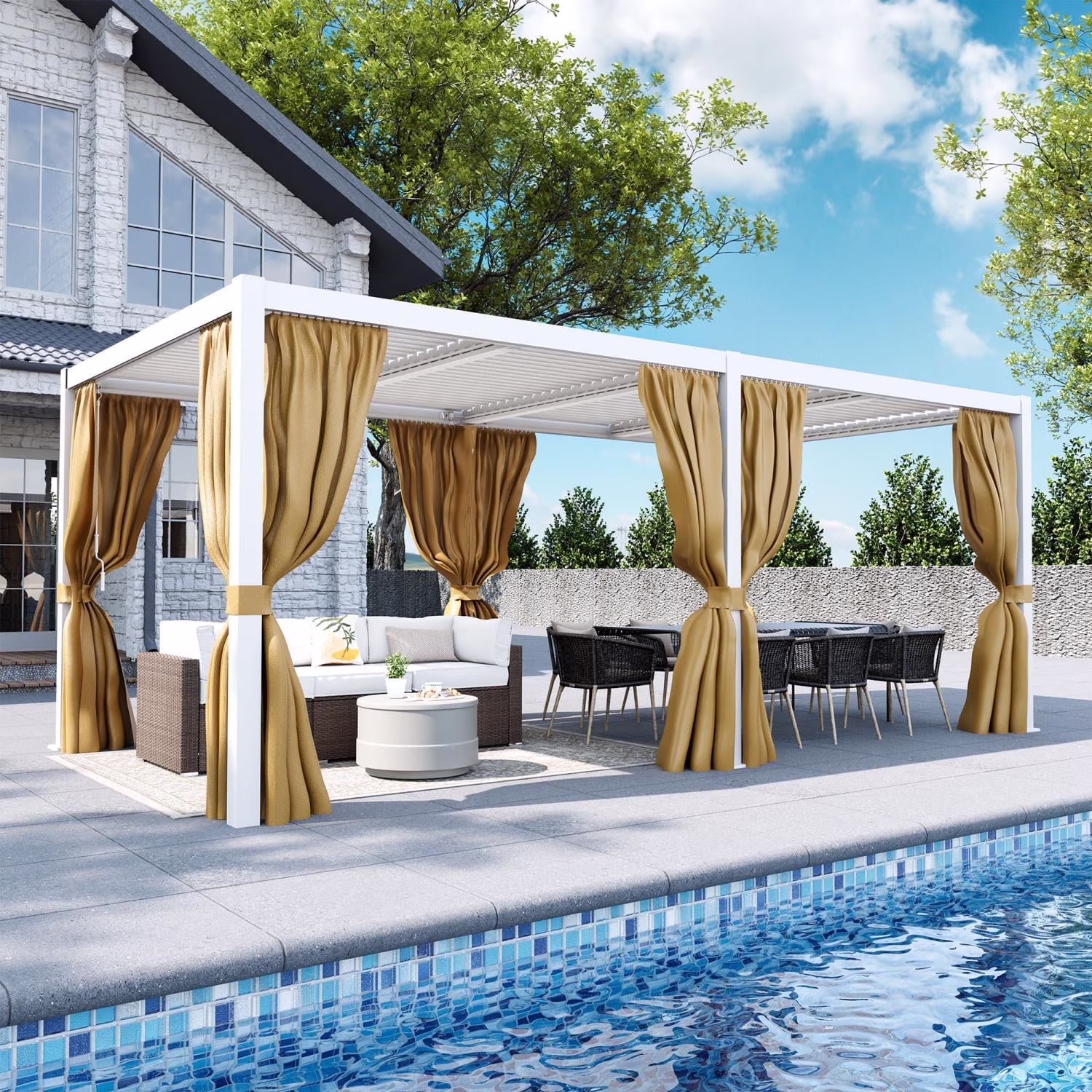 COSIEST 10'x20' Aluminum Outdoor Louvered Pergola with Adjustable Roof, Netting & Curtains, Hardtop Sun Shade Gazebo for Patio, Garden, or Backyard Pavilion,White