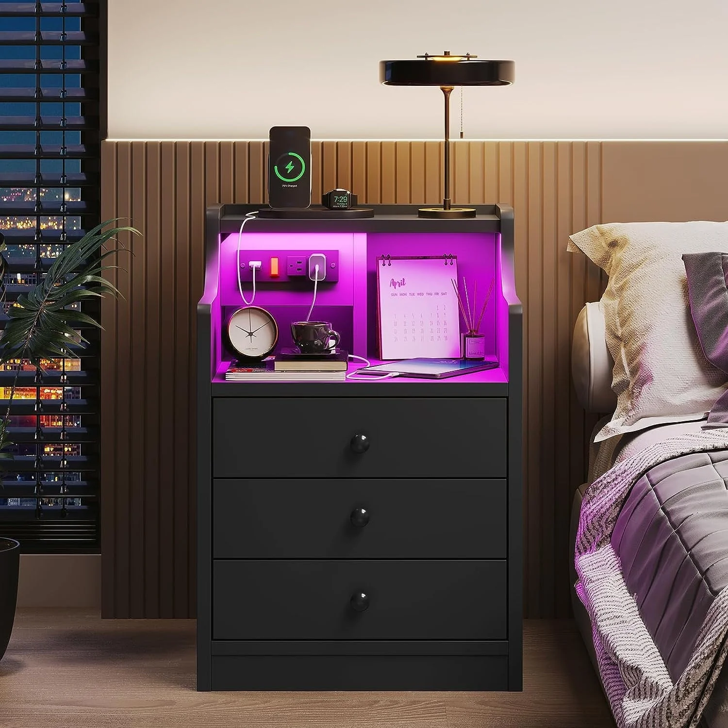 Nightstand with 3 Drawers and Shelves,Night Stand with LED Lights and USB Port Charging Station,LED Bedside Table with Hutch,Black(Black) - Image 10