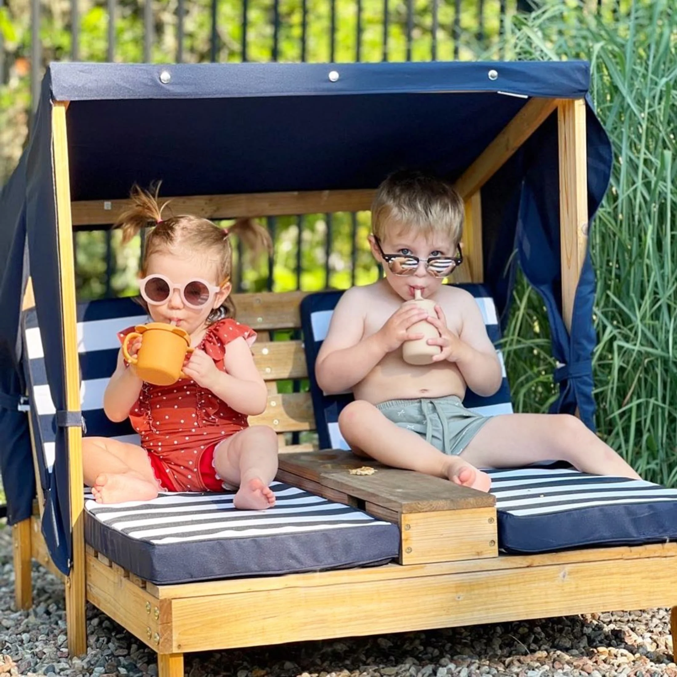 Wooden Outdoor Double Chaise with Cup Holders, Kid's Furniture, Honey Navy(Honey) - Image 3