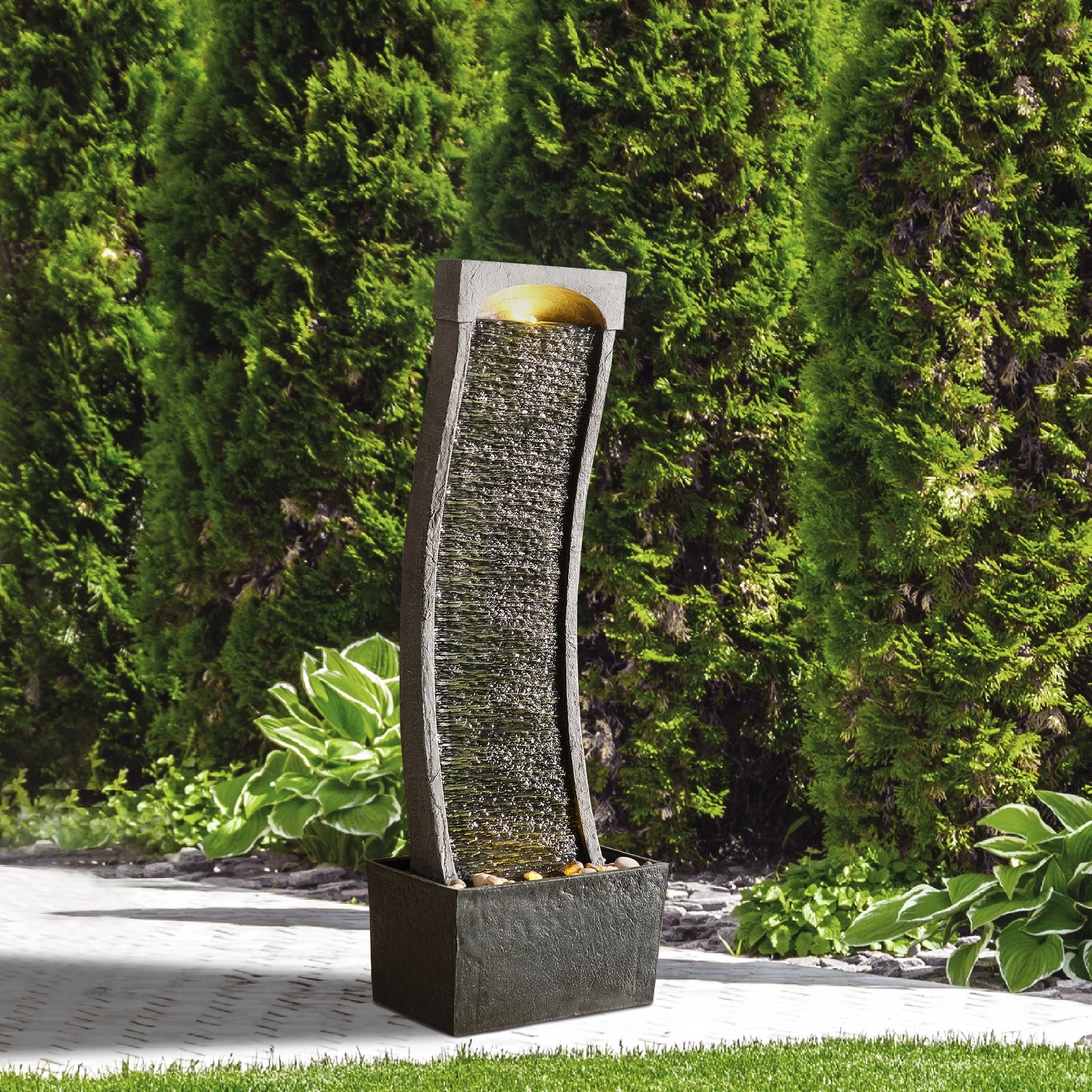 Indoor/Outdoor Modern Curved Slate Stone Look Tall Waterfall Fountain with LED Lights Image 3