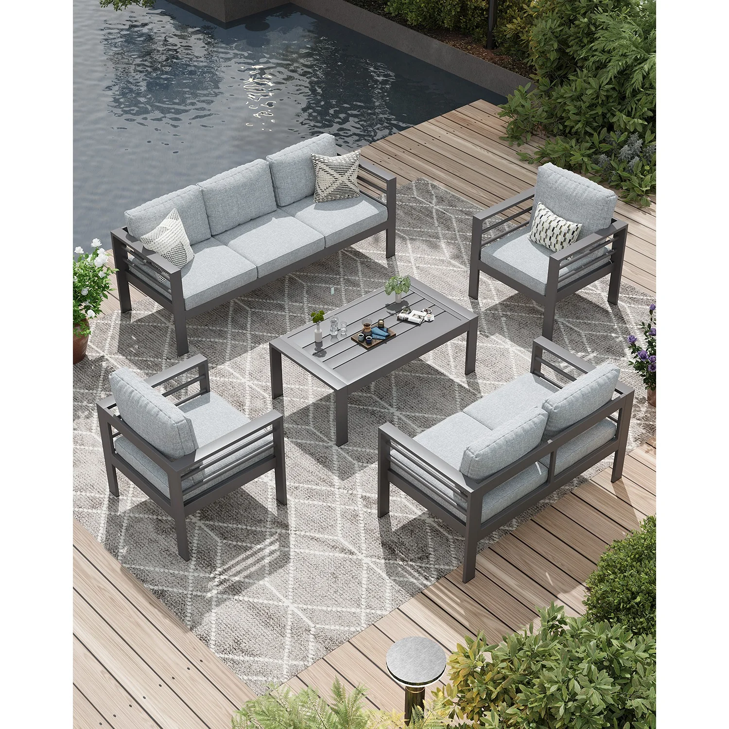 AECOJOY Aluminum Patio Furniture Set, 5 Pieces Outdoor Sectional Sofa Set, Light Gray
