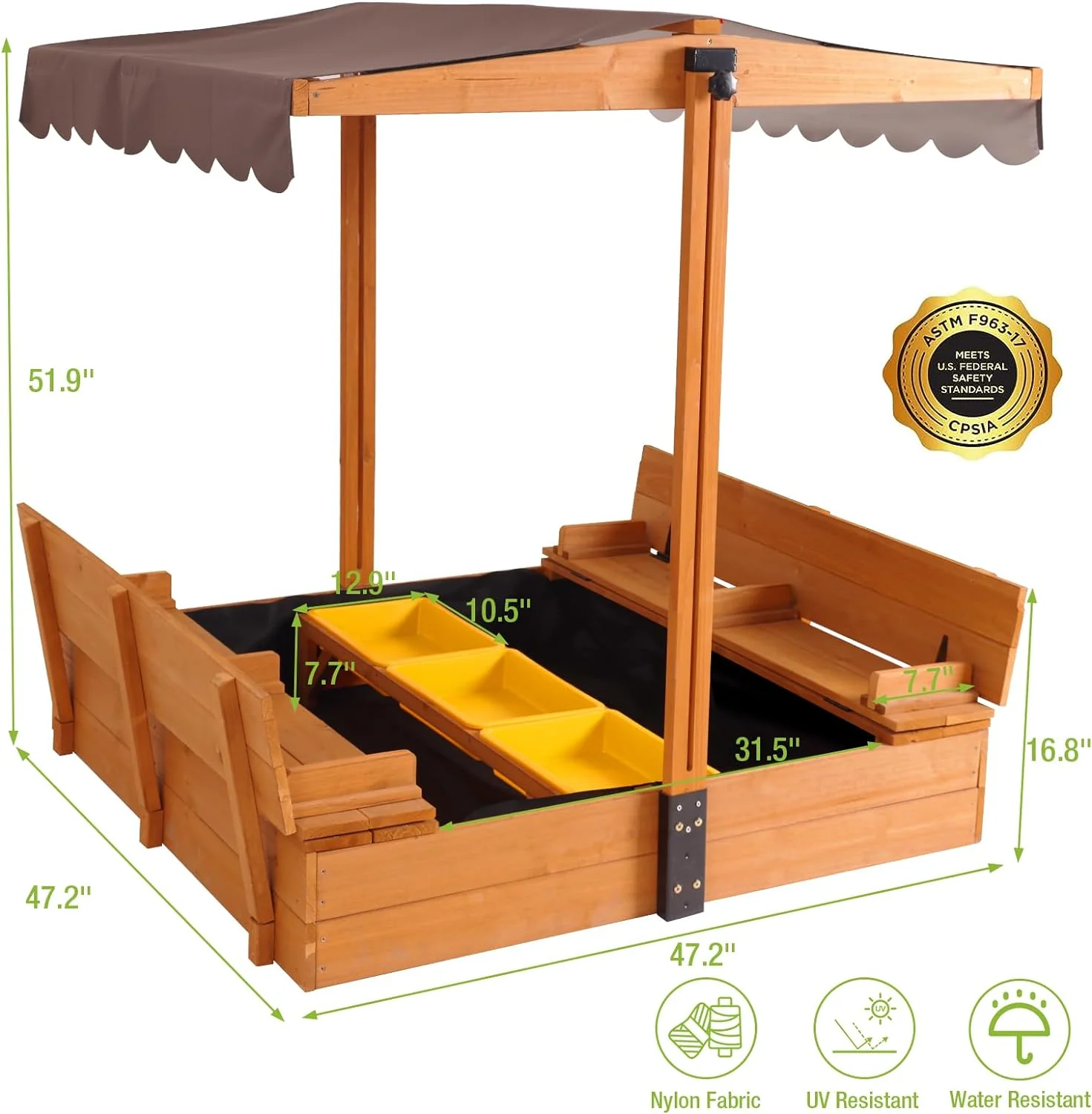 Bac à sable extérieur en bois pour enfants avec auvent, 2 bancs pliables, toit rétractable et doublure anti-sable, 119 x 119 cm
