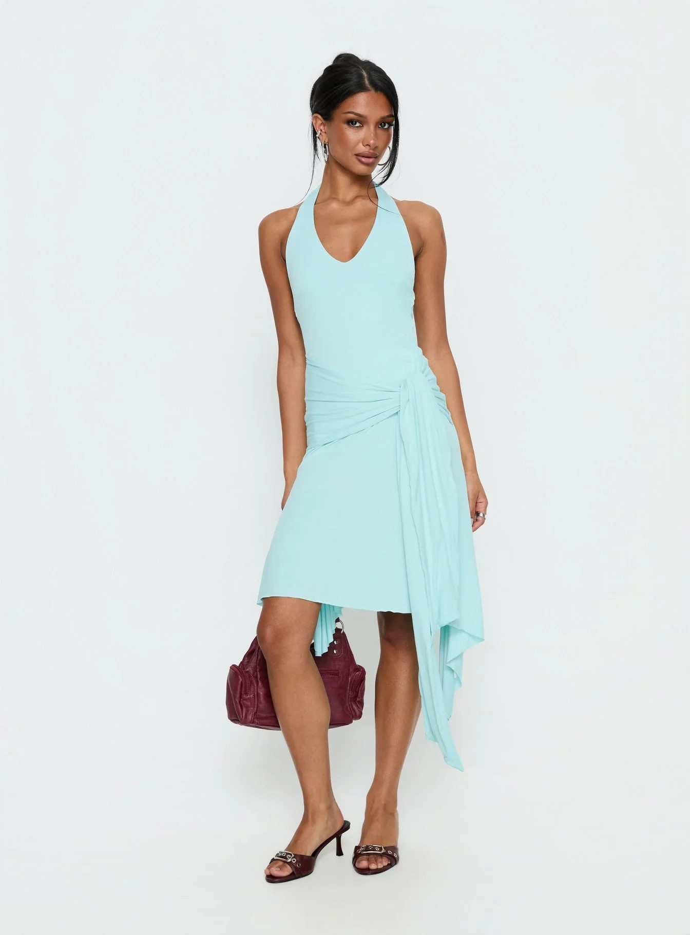 Moonlit Honey Asymmetrical Halter Jersey Midi Dress Turquoise