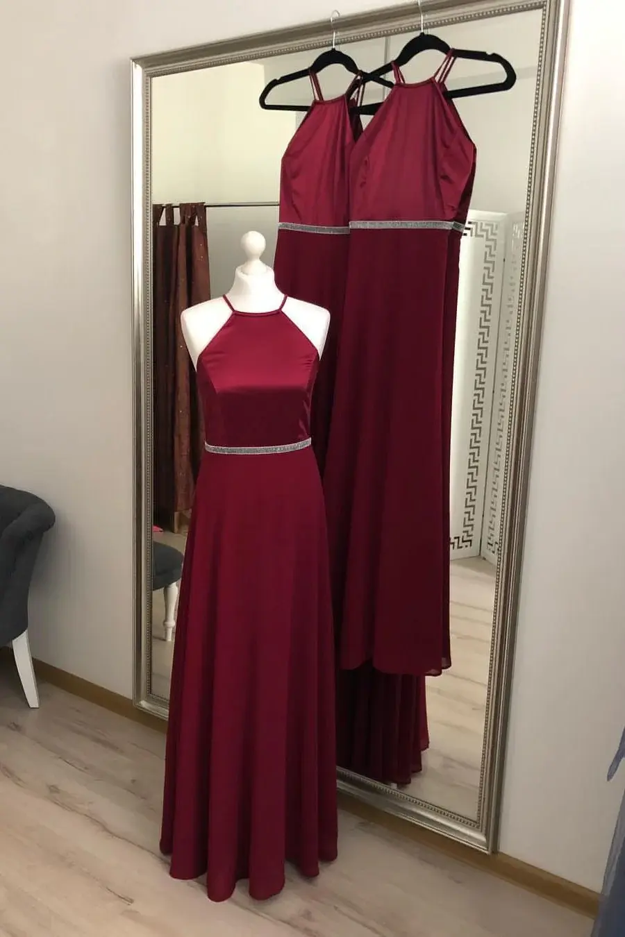 Fashion Burgundy A Line Halter Chiffon Simple Prom Dresses DMI50