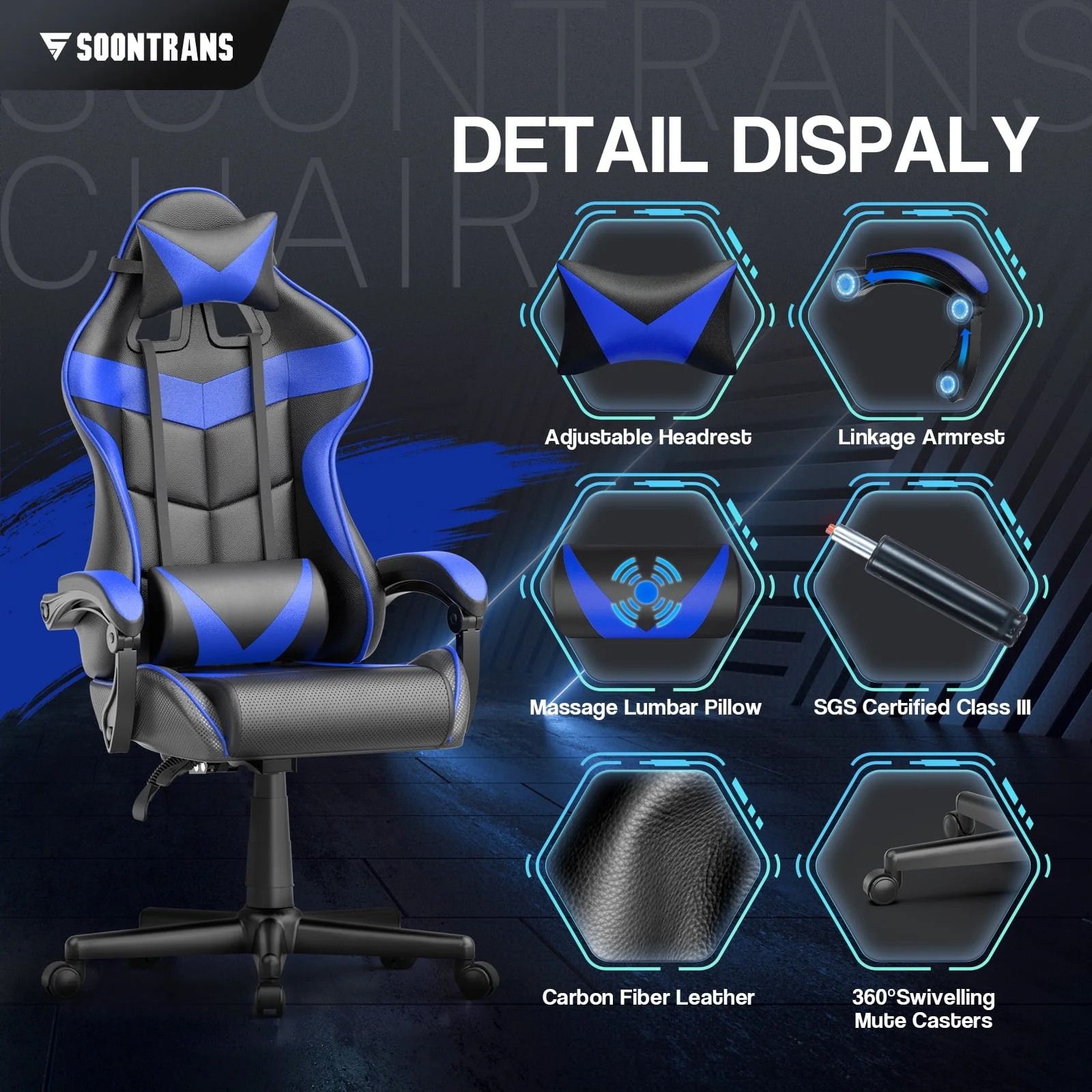 Gaming Chair with Massage, High Back Computer Gamer Chair for Adults and s, Ergonomic Game Chair with Adjustable Headrest and Lumbar Support (Blue)(��Z��Blue) - Image 4