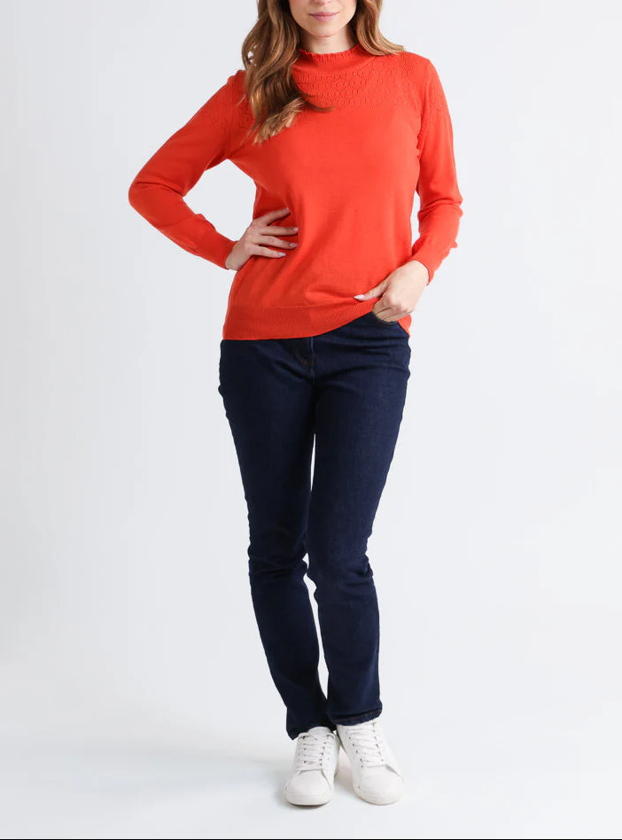 Pull femme col et maille fantaisie en laine mérinos orange