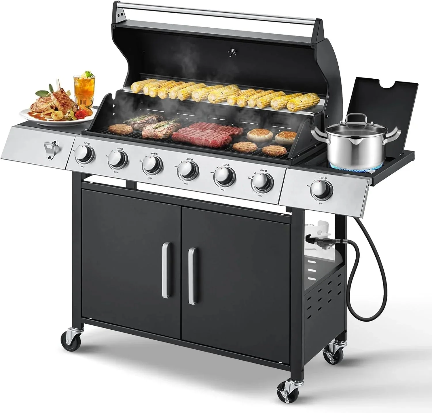 Upgraded 4 Burner BBQ Propane Gas Grill with Cast Iron Grates & Side Stove, 44,000 BTU Stainless Steel Burner Barbecue Grill for Patio, Camping, Outdoor Cooking MELLCOM