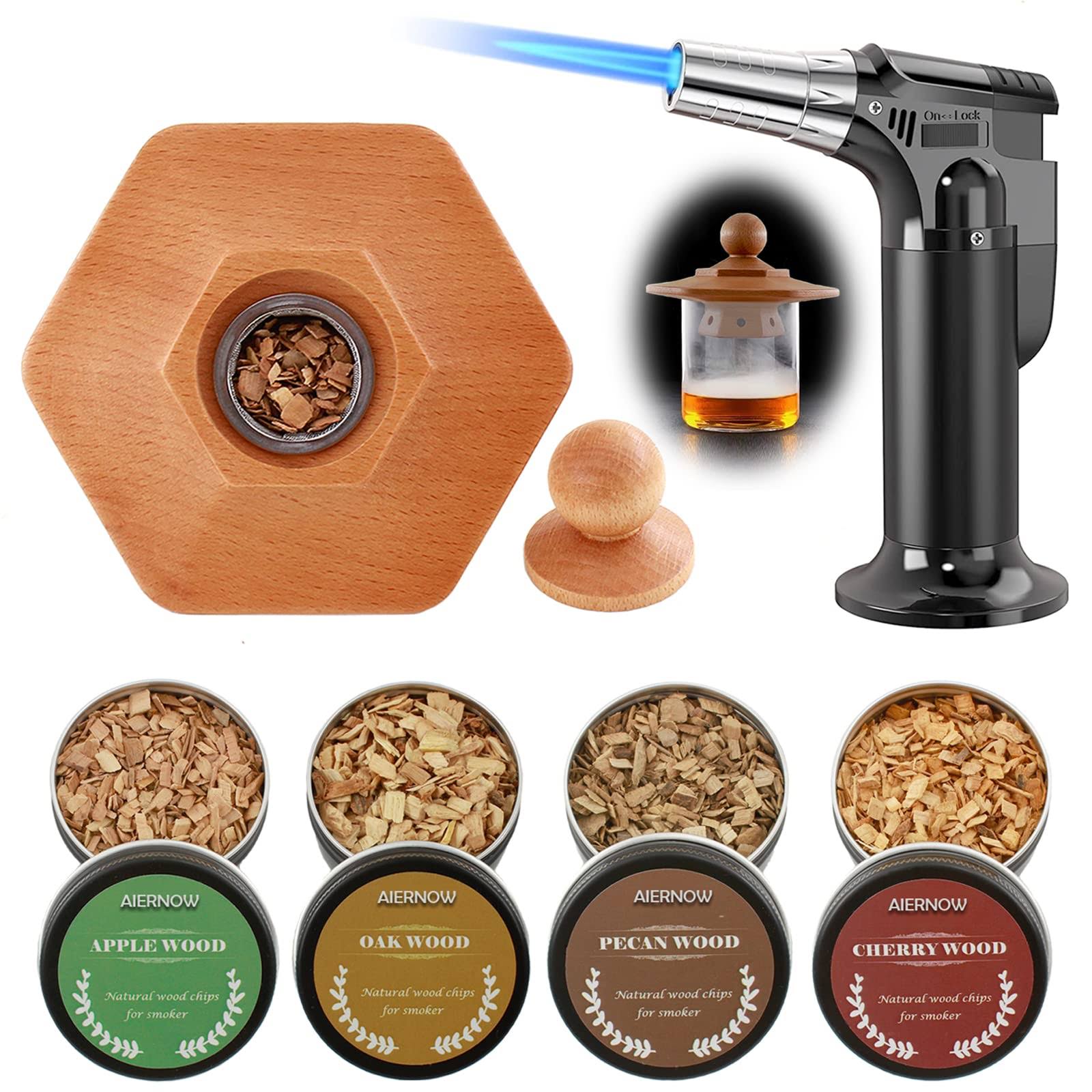 Aiernow Cocktail Smoker Kit with Torch,Four Kinds of Wood Chips for Whiskey Smoker Lover.Drink Smoker Infuser Kit,Bourbon Smoker Kit,Old Fashioned