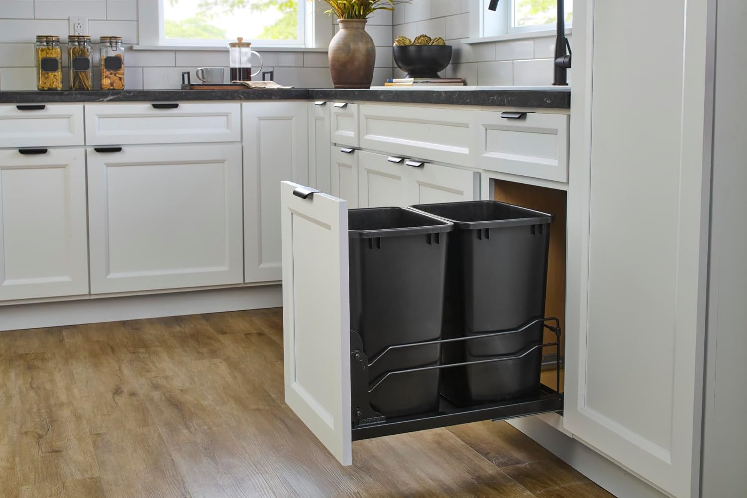 Rev-A-Shelf Steel Double Pullout Waste Container with Soft-Close, 35 Quart, Black - Sliding Garbage Bin System with Dual Trash Can for 18