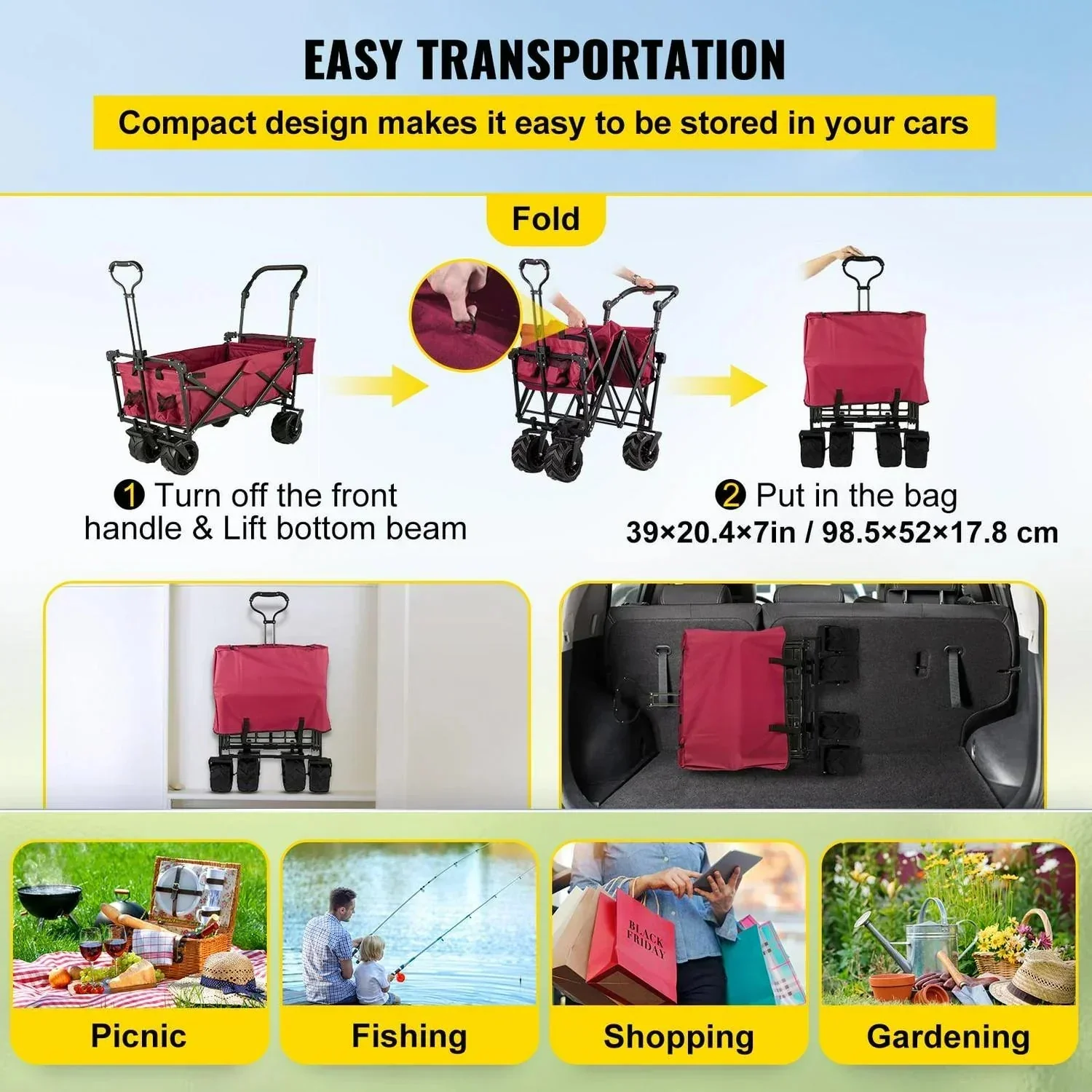Red Collapsible Wagon Cart with Canopy, 360° Wheels, Adjustable Handles, 220 lbs Capacity for Beach & Garden
