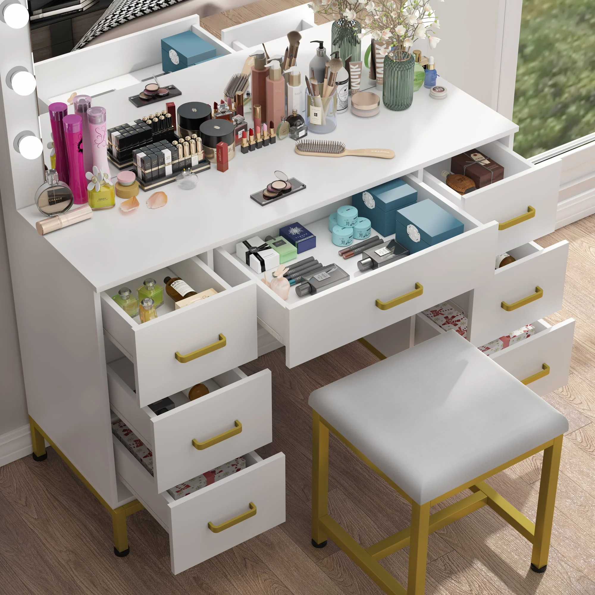 PAKASEPT Vanity Set with Lighted Mirror, Makeup Vanity Dressing Table with 14PCS LED Bulbs, Cushioned Stool 7 Drawers, Large 44" White Vanity for Bedroom, Powder Room Image 6