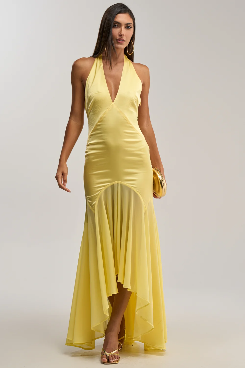 BET YOU WON'T SATIN MIDI DRESS IN YELLOW - Akira Store