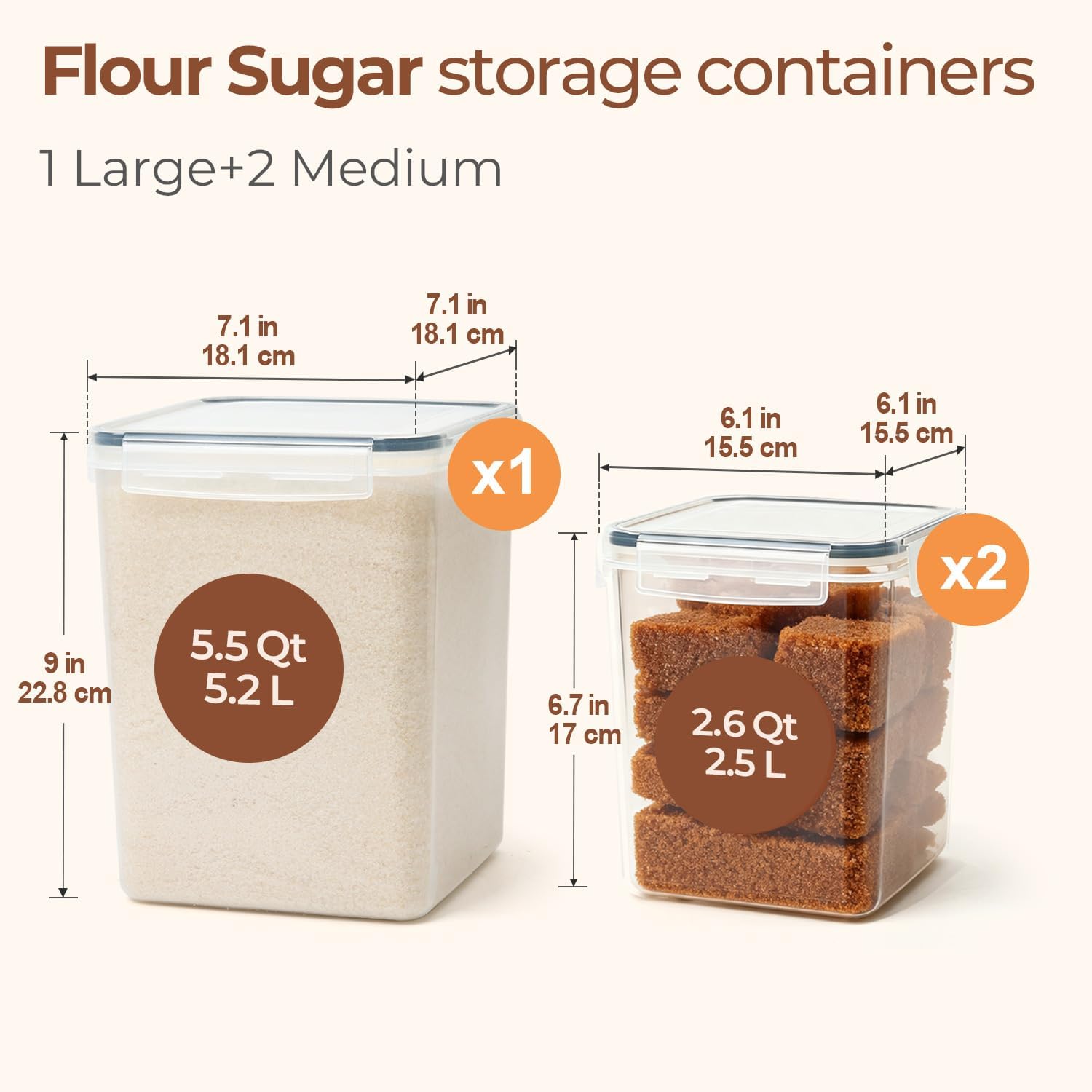 ComSaf Airtight Flour and Sugar Container 2.6Qt & 5.5Qt 3-Pack, Wide Mouth
