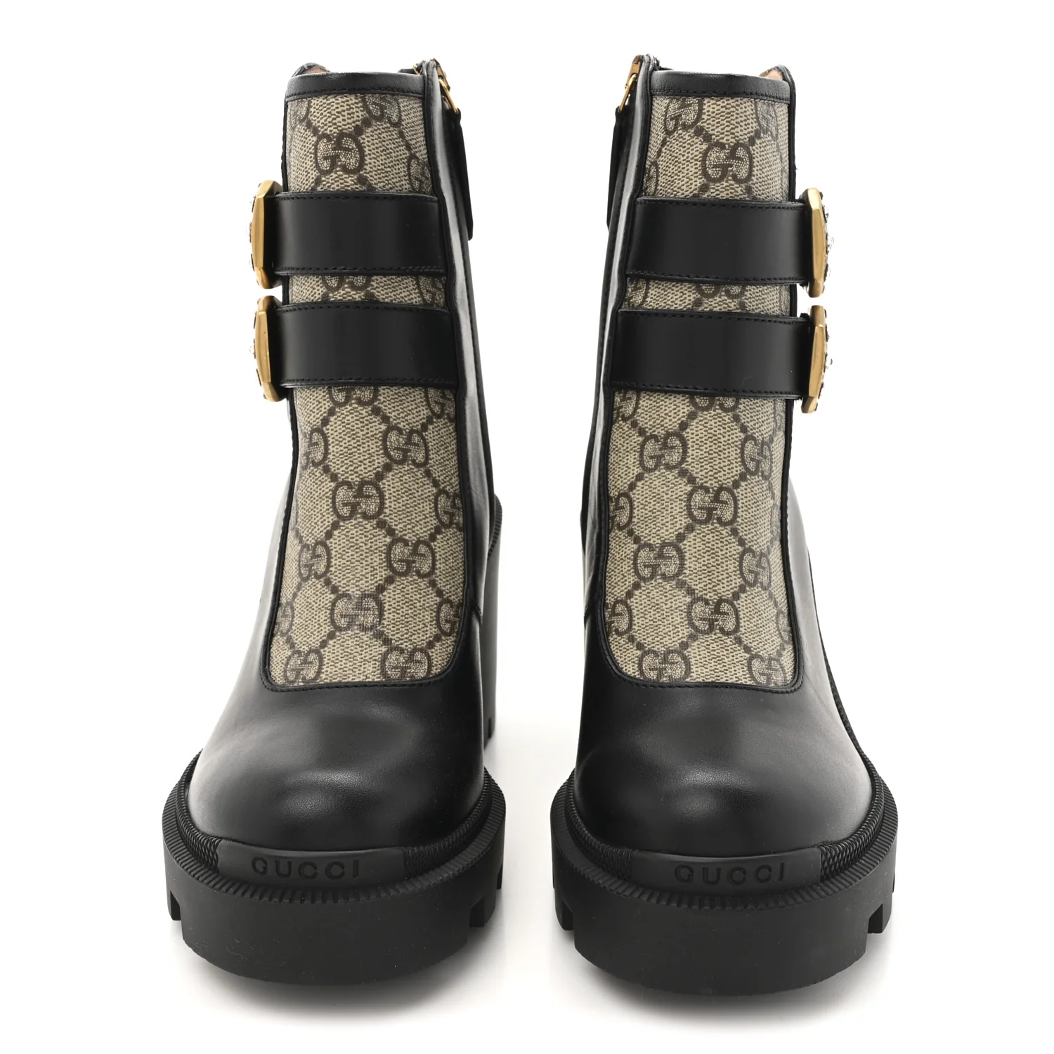 Kensington Calfskin Nappa GG Supreme Monogram Womens Double Buckle Ankle Boots 35 Black