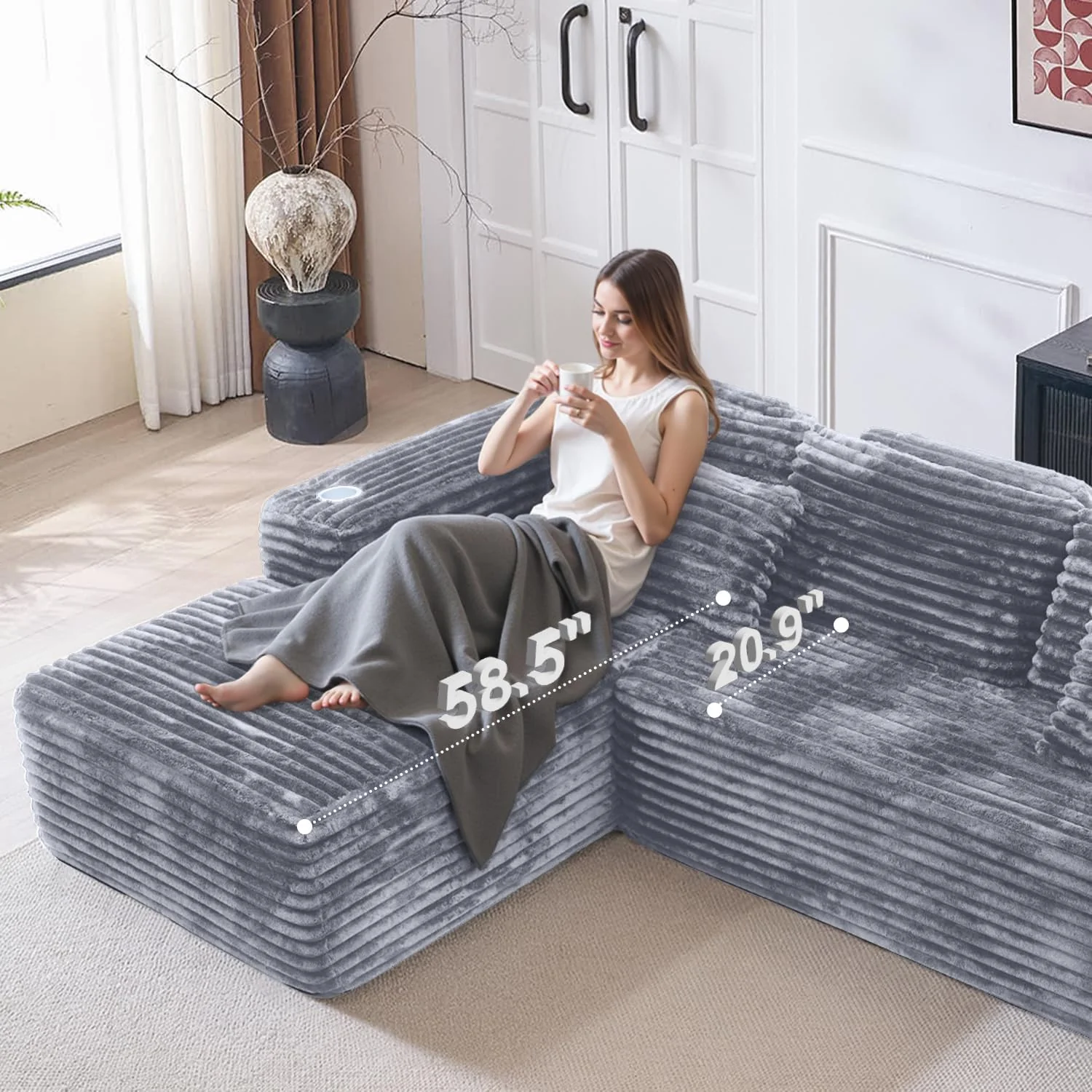 Canapé d'angle Cloud avec méridienne en L, canapé modulaire moderne, assise profonde, porte-gobelet intégré