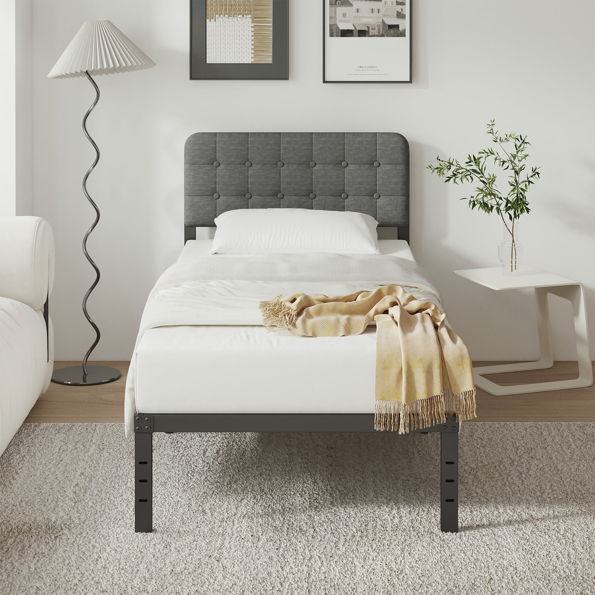 Maenizi Twin XL Bed Frames with Upholstered Headboard, 18 in Twin XL Metal Bed Frame No Box Spring Needed, Heavy Duty Metal Slats, Noise Free, Easy Assemble, Grey