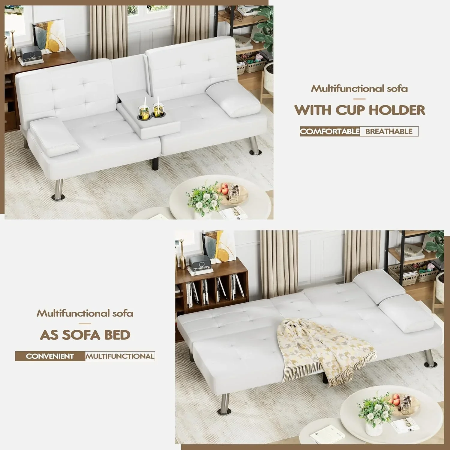 Canapé-lit futon Homall en cuir avec accoudoirs et fauteuil inclinable réglable