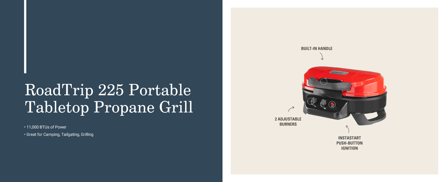 coleman roadtrip 225 portable tabletop propane grill red handle adjustable burner power tailgate
