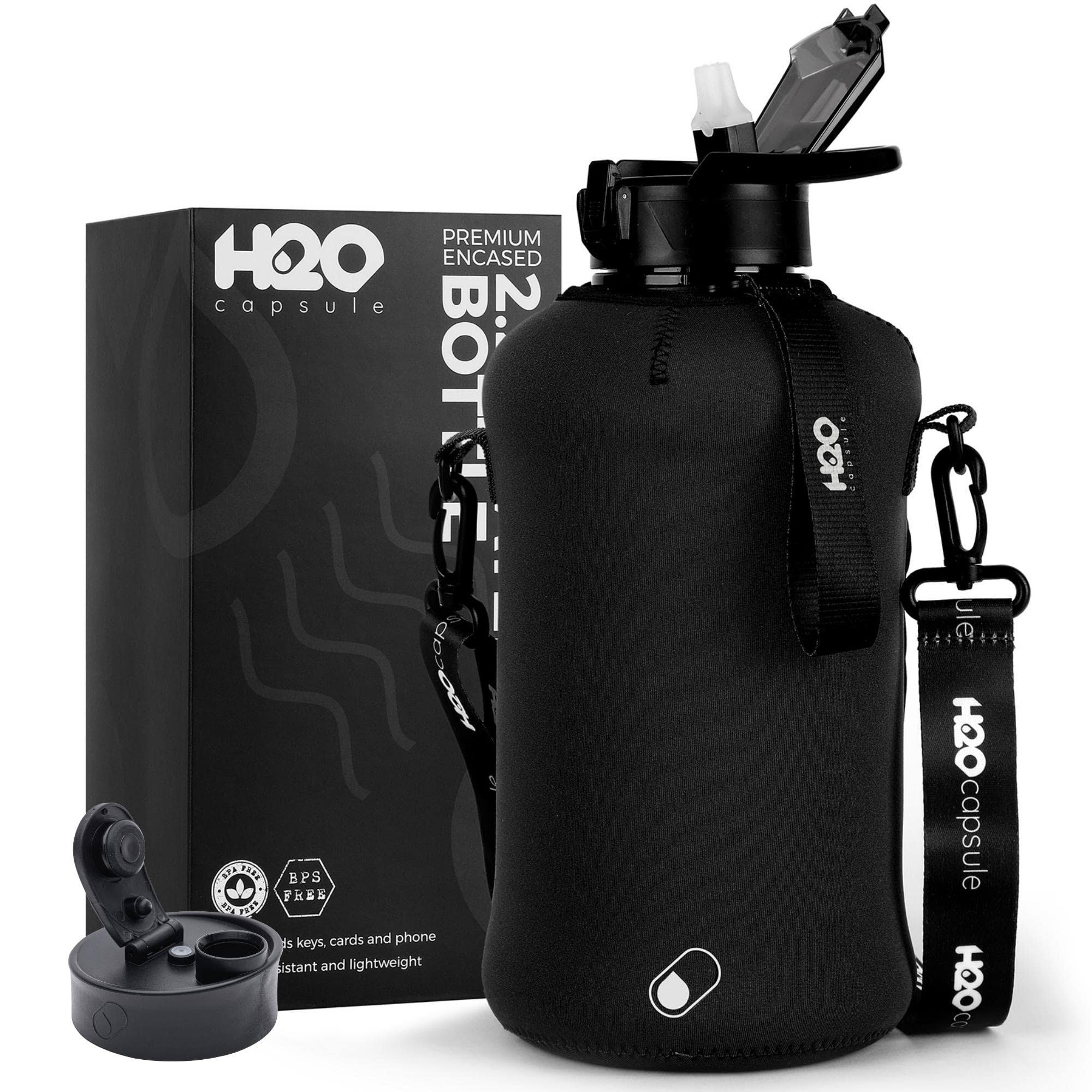 H2O Capsule 2.2L Half Gallon Water Bottle with Storage Sleeve and Covered Straw Lid - BPA Free Large Reusable Drink Container with Handle - Big Sports