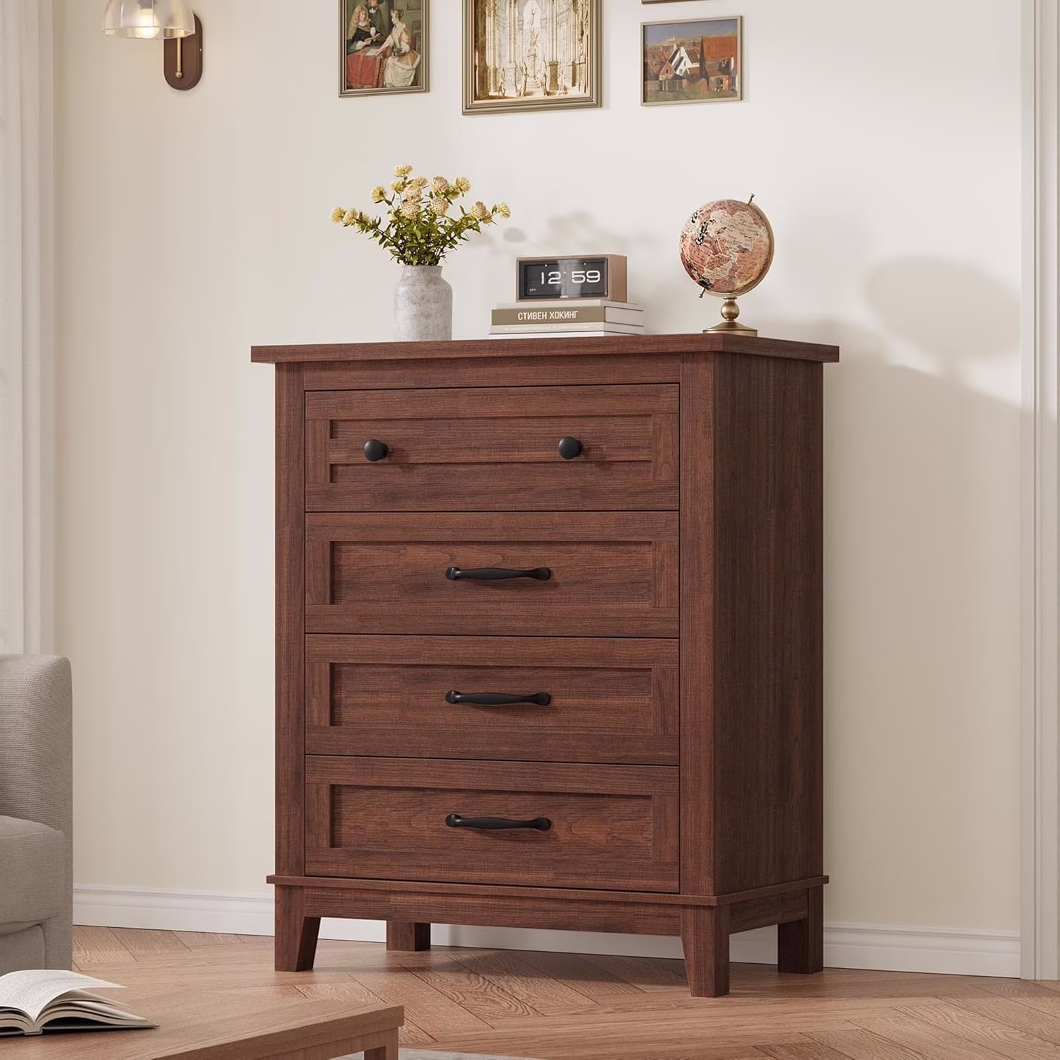 4 Drawer Dresser for Bedroom,34.8" Tall Bedroom Dresser with Large Drawer Black Handles,Wooden Storage Organizer Cabinet Chest of Drawer for Living Room,Hallway(Retro Gray) - Image 3