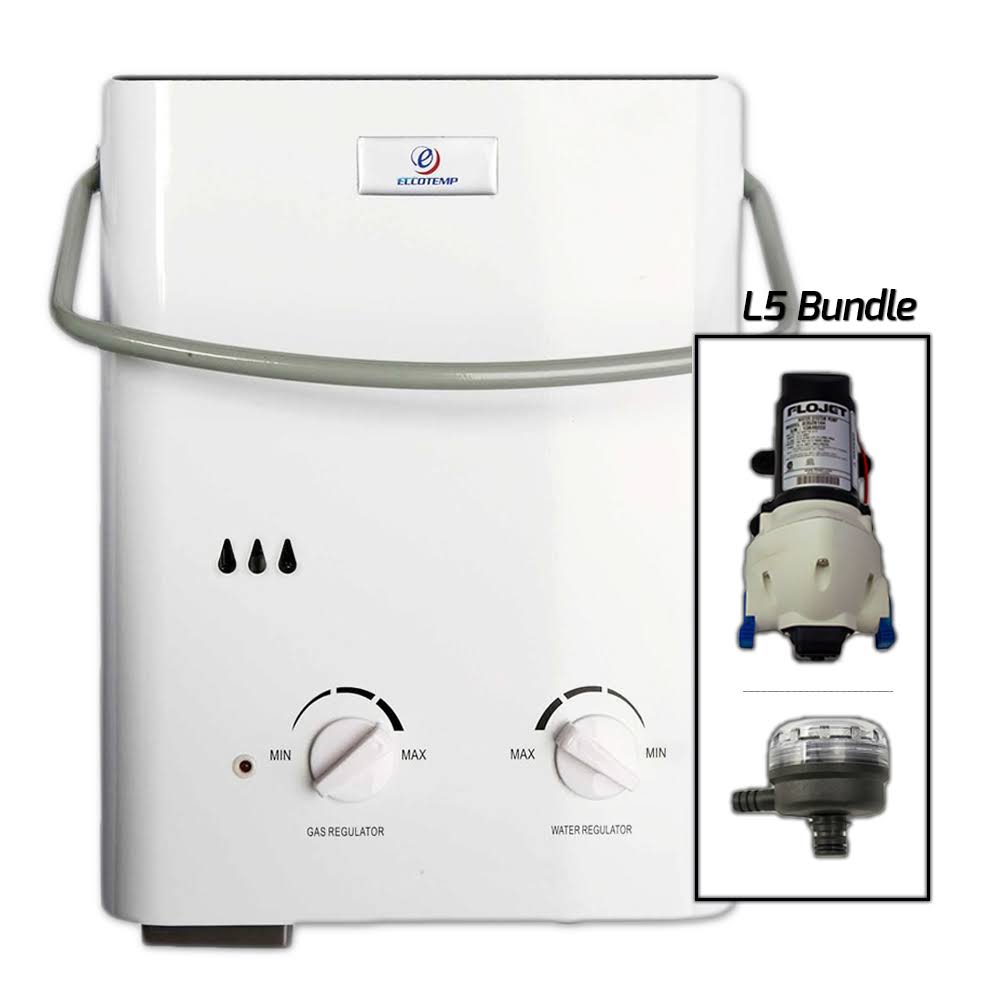 Eccotemp L5 Point-of-Use Outdoor Tankless Portable Water Heater with Flojet Pump and Strainer - Liquid Propane - 1.5 GPM