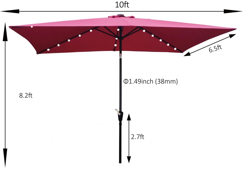 10 x 6.5t Patio Umbrella,Rectangular Picnic Table Umbrella,6-8 Chairs Tilt Umbrella with 26 LED Lights,Waterproof Umbrella Sunshade with Crank and Push Button Tilt for Garden Backyard Pool,Mushroom