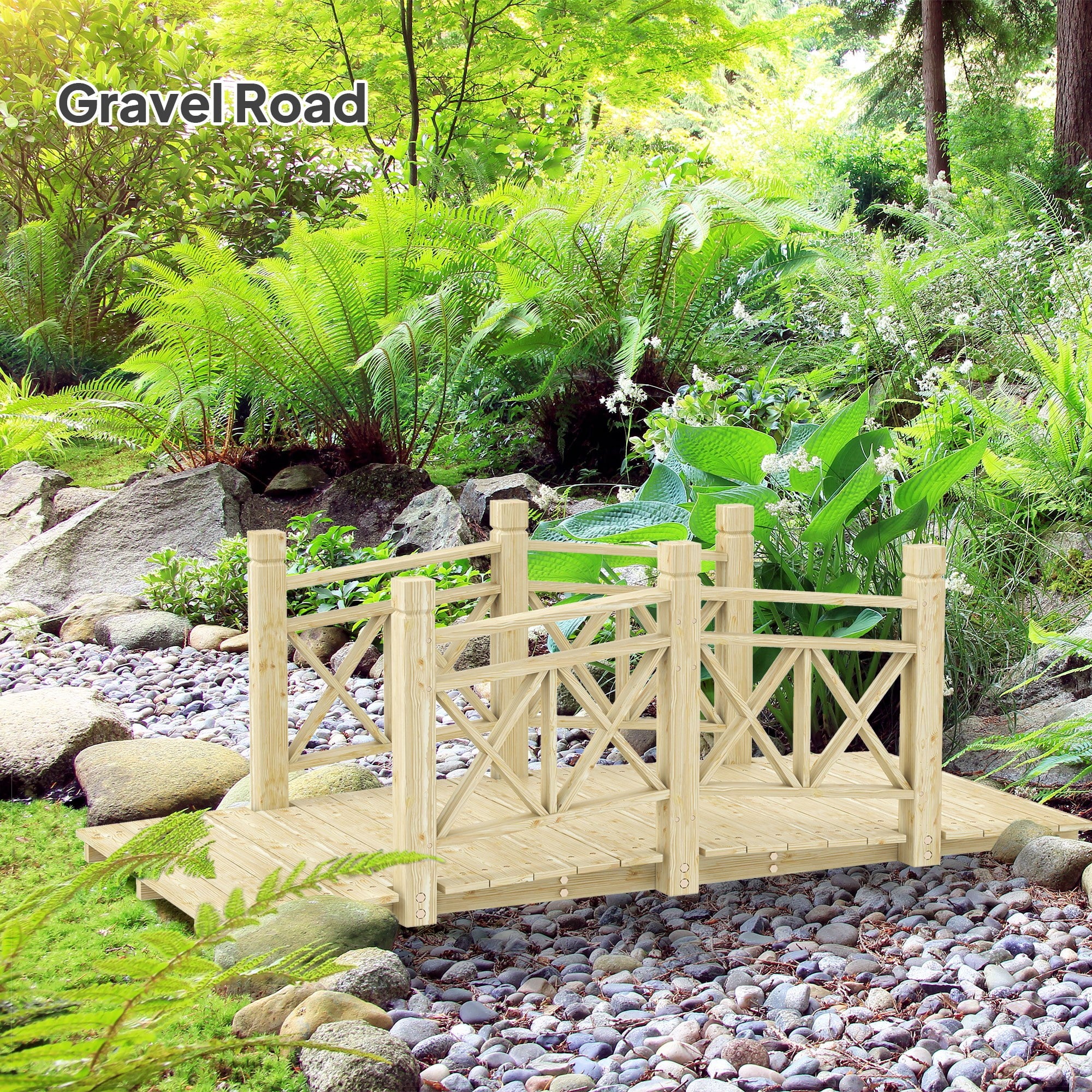 QISHENSHUI 5 ft. Sturdy Natural Wood Garden Bridge �C Premium Timber Construction with Solid Safety Handrails for Backyard Paths, Small Ponds & Garden Water Features, Carbonized