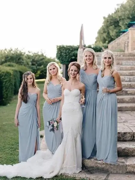 Long One Shoulder Cheap Dusty Blue Bridesmaid Dresses with Slit DMO18