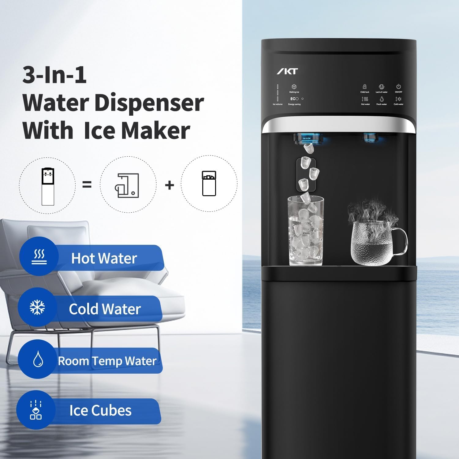 IKT Self-Clean Bottom Loading Hot and Cold Water Dispenser with Ice Maker Machine for 5 Gallon Bottle 22lbs Daily Capacity Ice Full Alert Black