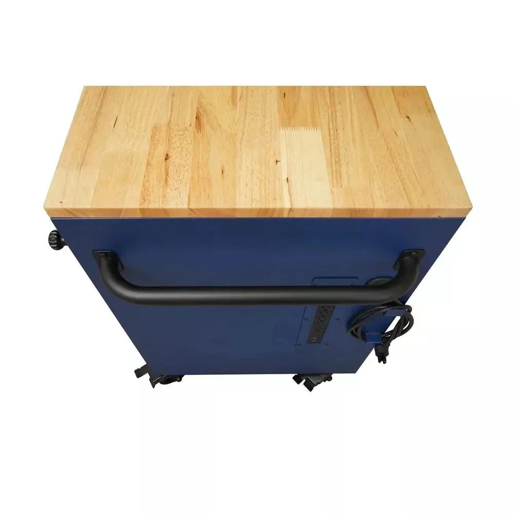 Heavy-duty 52 in. 9-DRAWER Mobile Workbench with Adjustable-height Solid Wood Top in Matte Blue