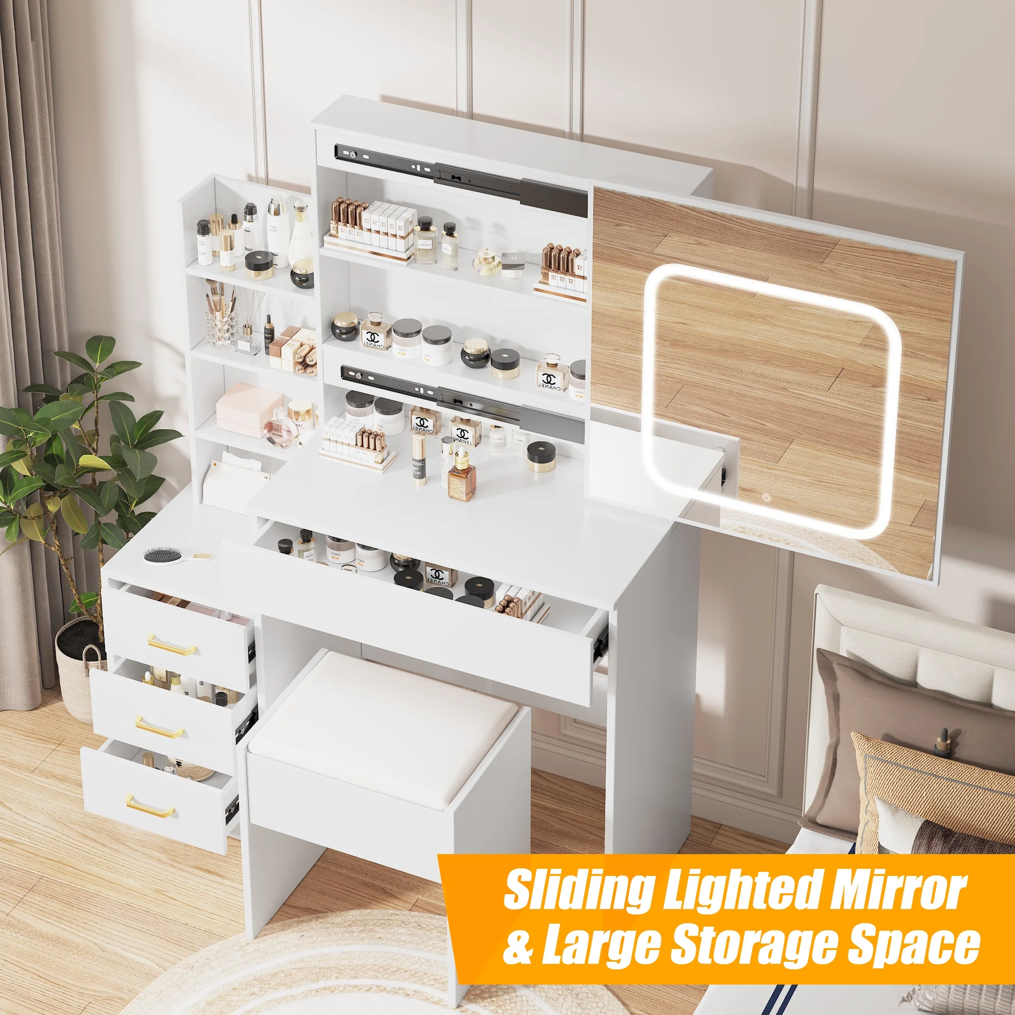 Vanity Desk with Sliding Mirror and Lights, Makeup Vanity Set with 4 Drawers, Stool, Power Outlet, Open Shelves, 3 Color Adjustable Lighting Modes, Makeup Dressing Table for Bedroom, White(White) - Image 2