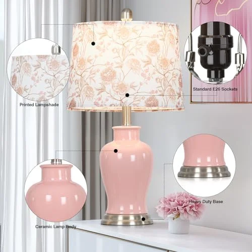 Modern Ceramic Table Lamps Set of 2, 23" White Ceramic Lamps for Living Room, Rustic Farmhouse Bedside Lamp with Ginger Jar Design, Elegant Bedroom Lamp for Nightstand Desk Side End Table Home Decor(Pink-Flower Lampshade) - Image 6