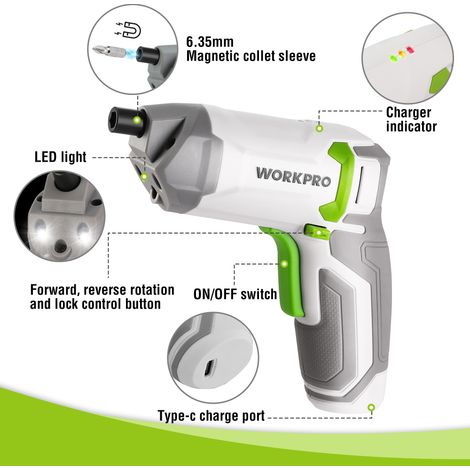 Workpro – Perceuse-visseuse sans fil 3,6V – Couple 7Nm – Batterie 2,0Ah – Charge rapide USB – Léger 400g pour espaces confinés — vue 3