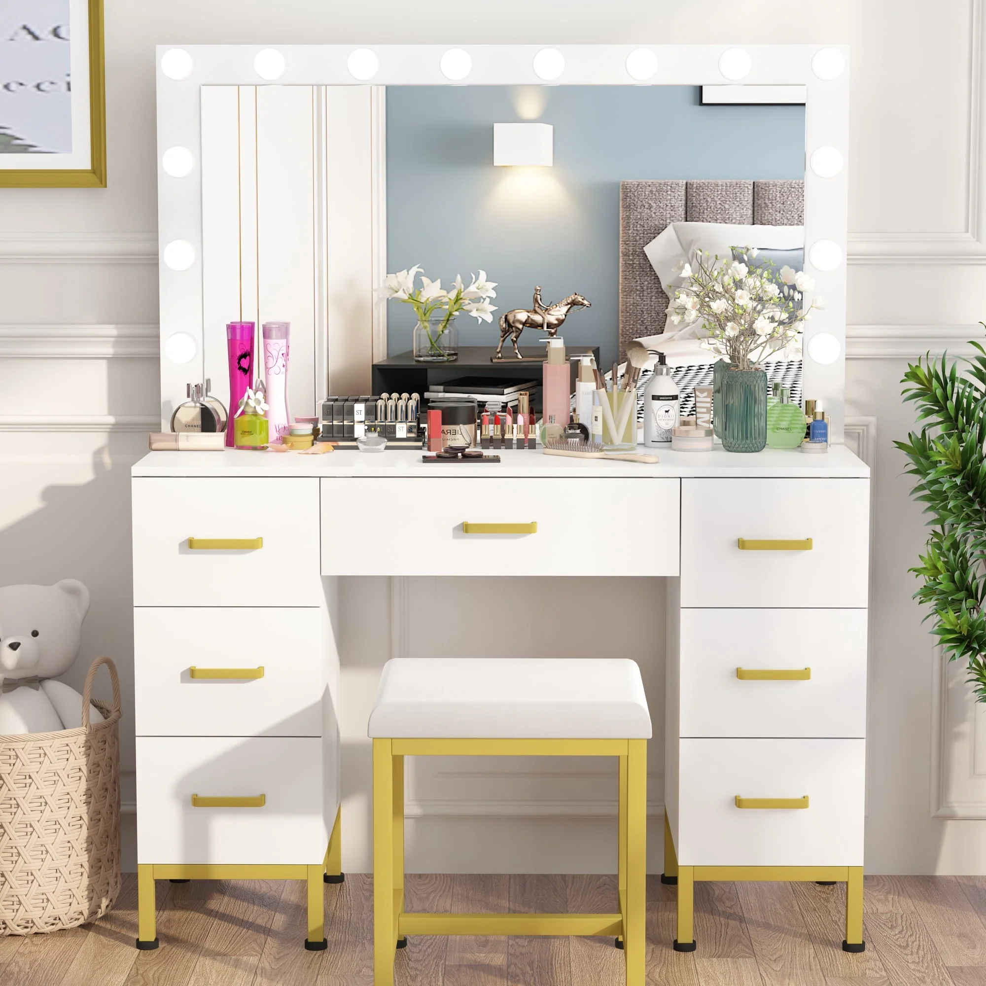 PAKASEPT Vanity Set with Lighted Mirror, Makeup Vanity Dressing Table with 14PCS LED Bulbs, Cushioned Stool & 7 Drawers, Large 44