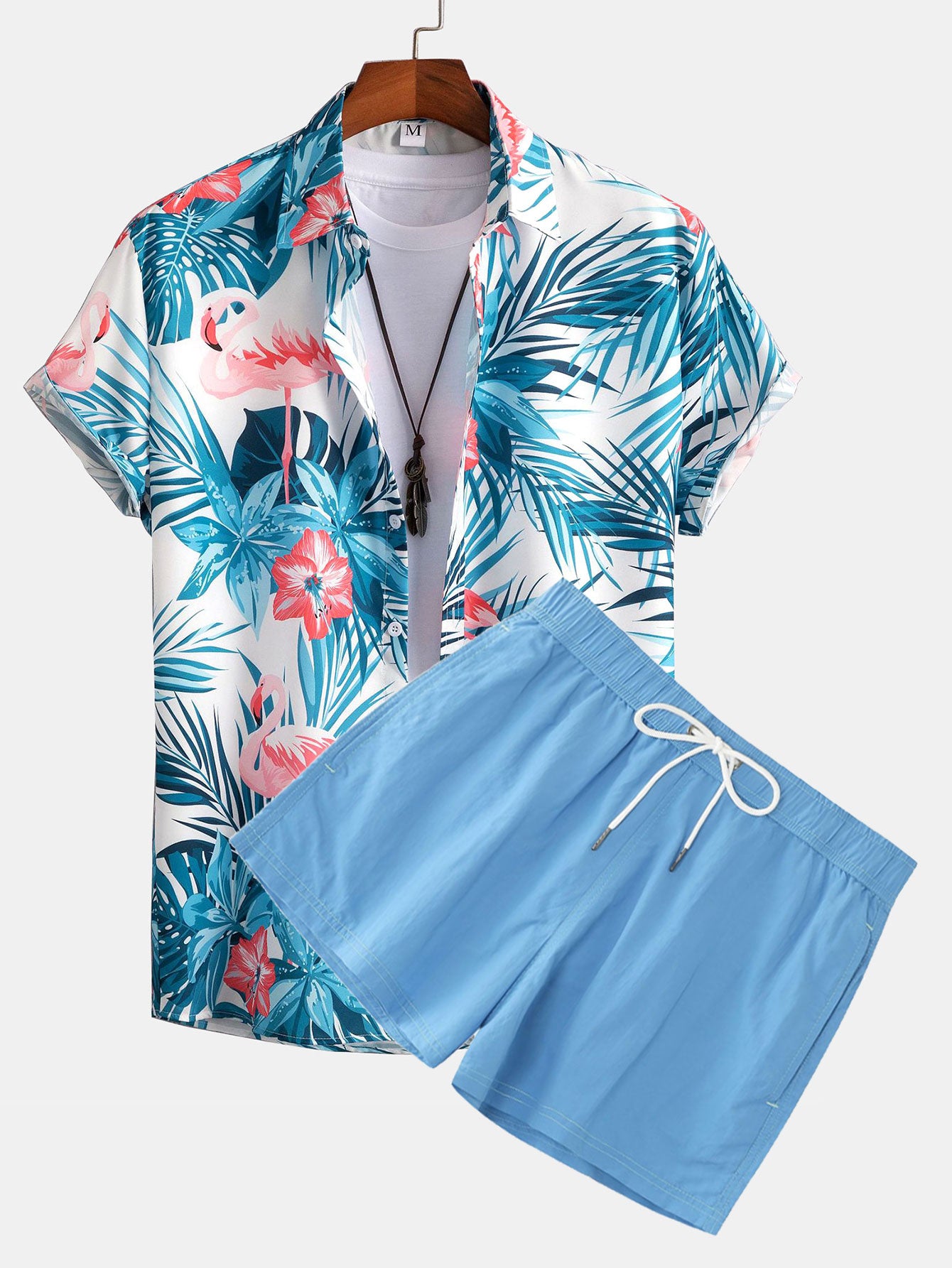 Chemise boutonnée à imprimé tropical flamants roses et short de bain court
